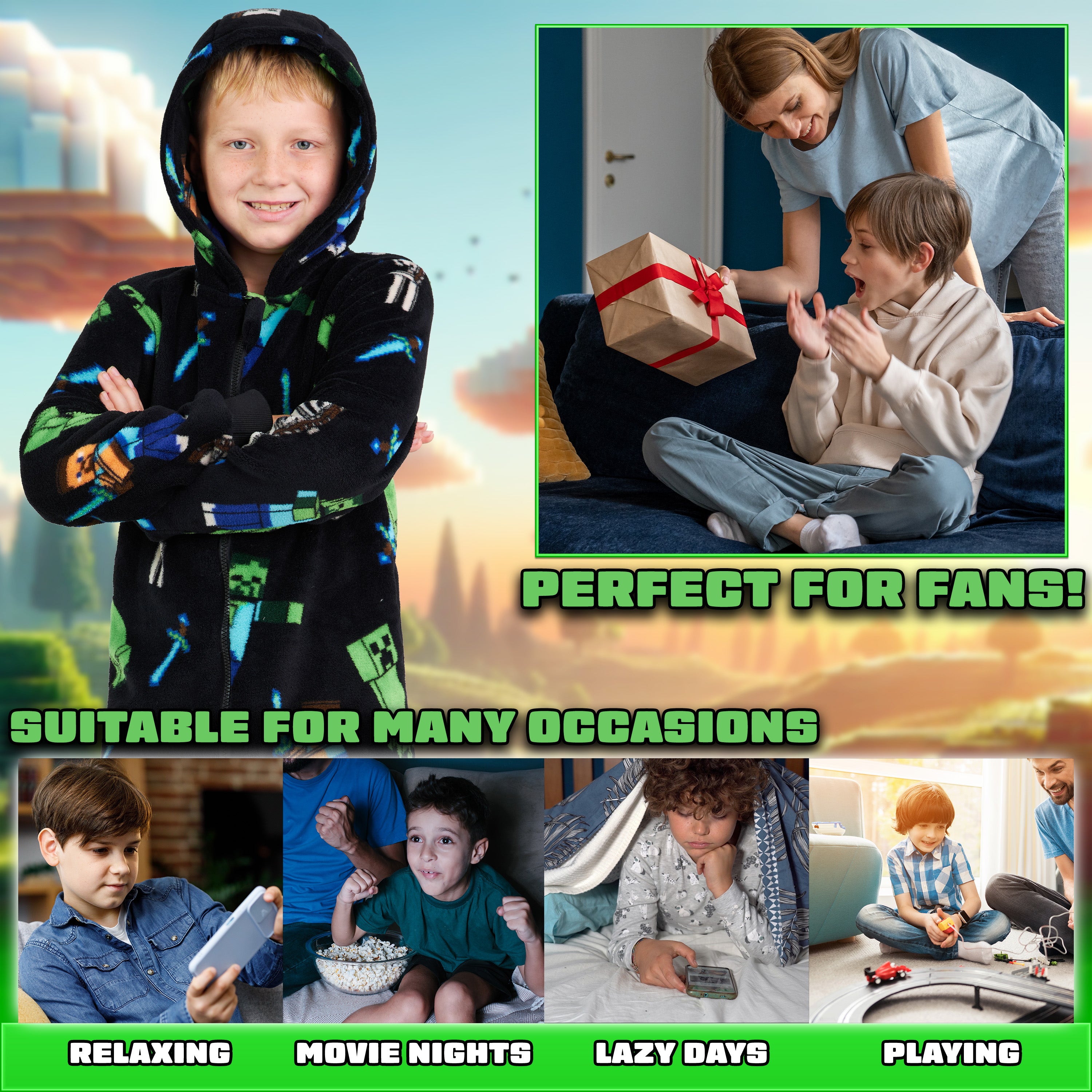 Minecraft Boys Fleece Onesie, Hooded Onesie Pyjamas - Gifts for Gamers - Get Trend