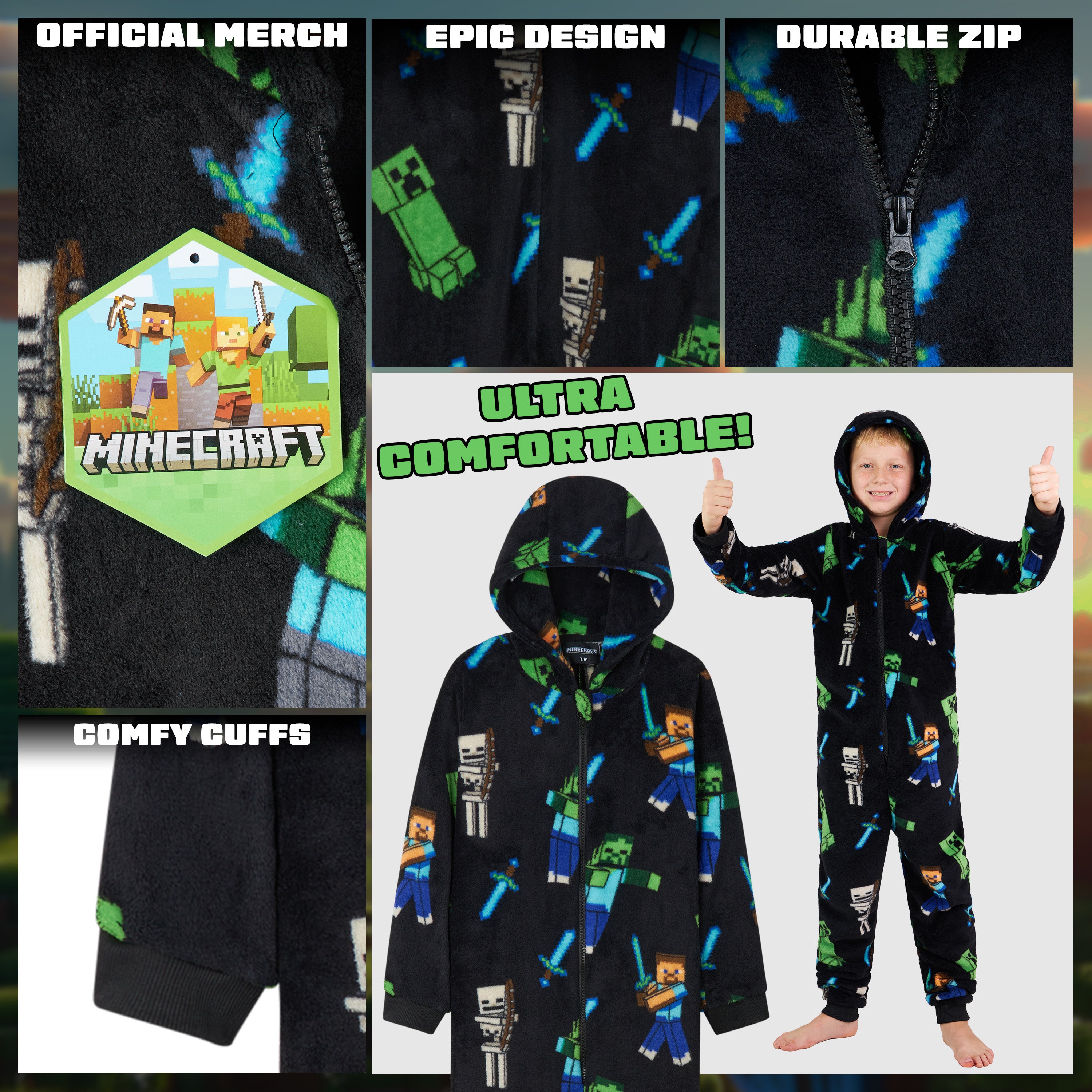 Minecraft Boys Fleece Onesie, Hooded Onesie Pyjamas - Gifts for Gamers - Get Trend
