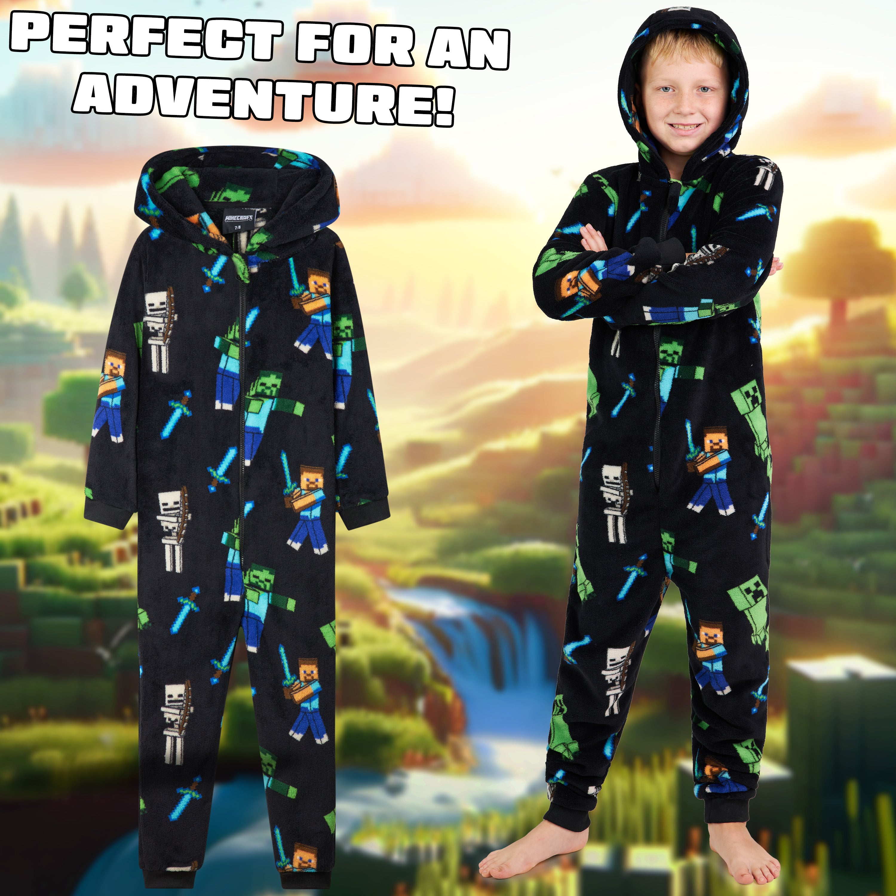 Minecraft Boys Fleece Onesie, Hooded Onesie Pyjamas - Gifts for Gamers - Get Trend