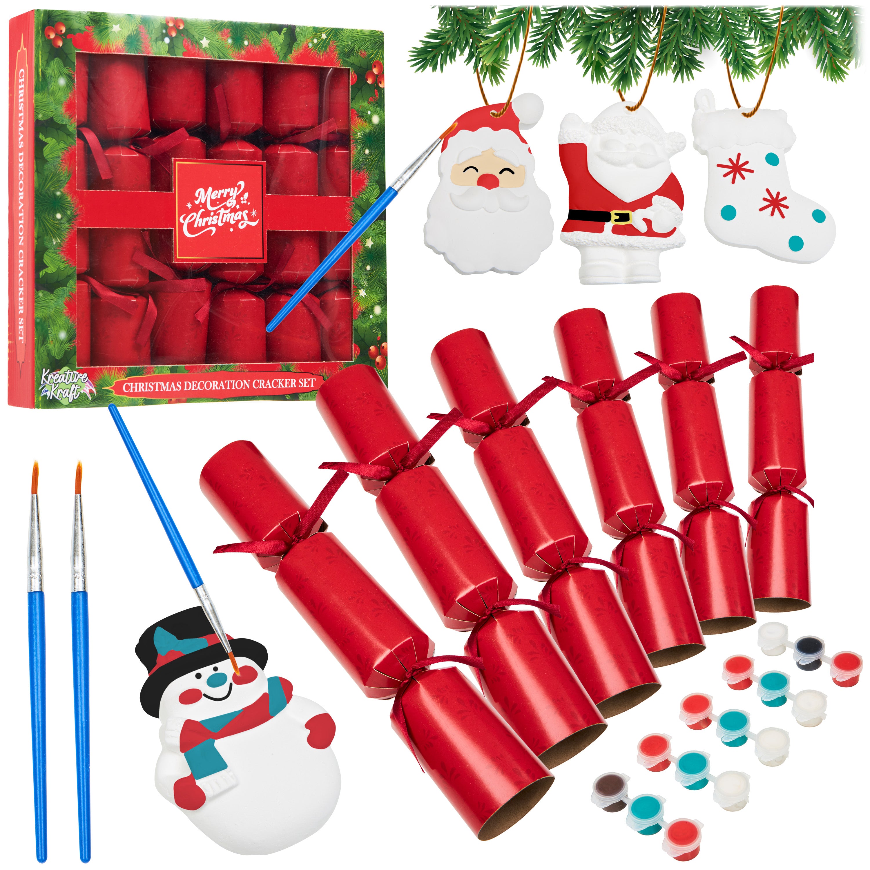 KreativeKraft Christmas Crackers 6 Pack Paint Your Own Ornament Festive Crackers (Red Ornament) - Get Trend
