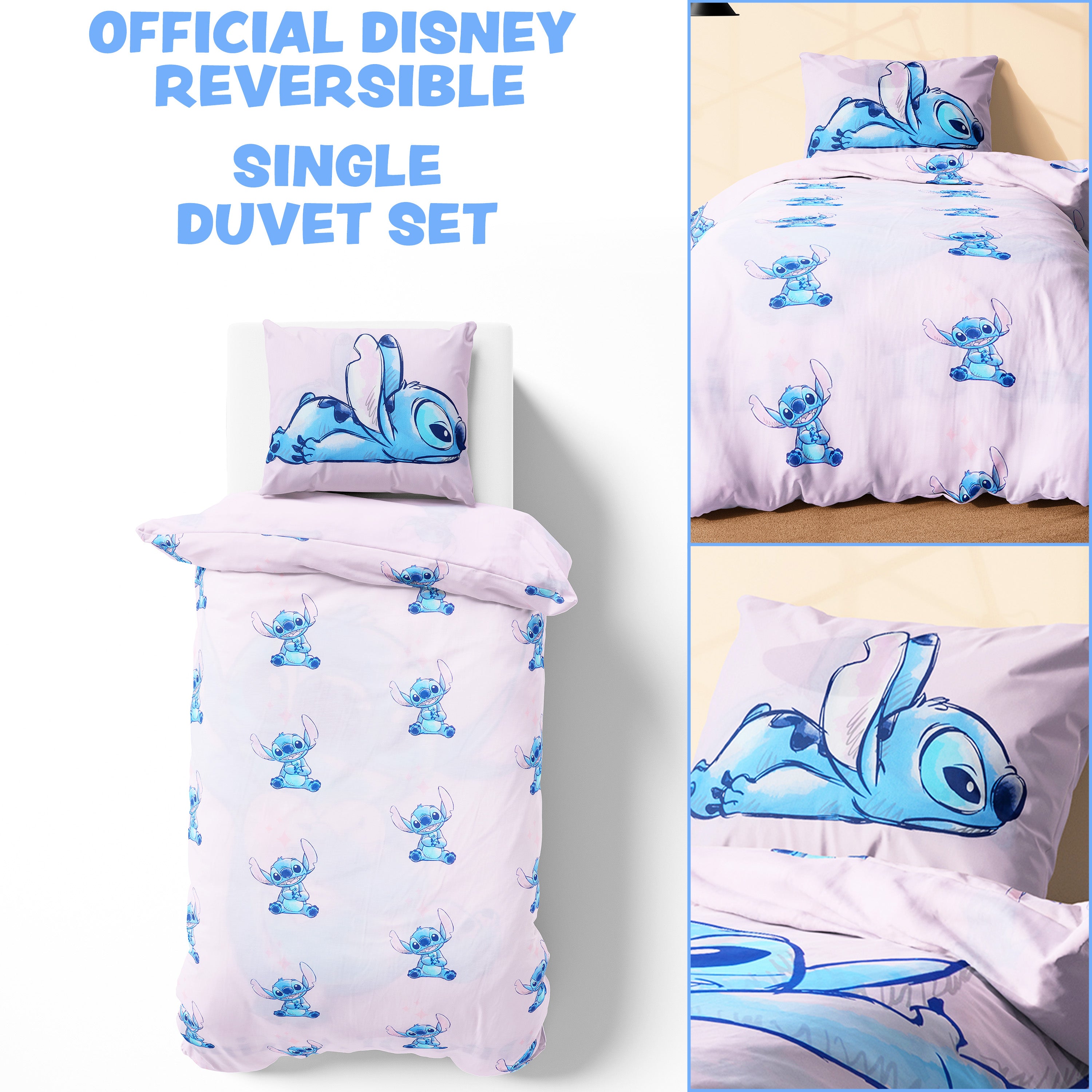 Disney Stitch Duvet Cover and Pillowcase Set Kids Teens Bedding Bedroom Accessories - Single (Pink Stitch Single) - Get Trend