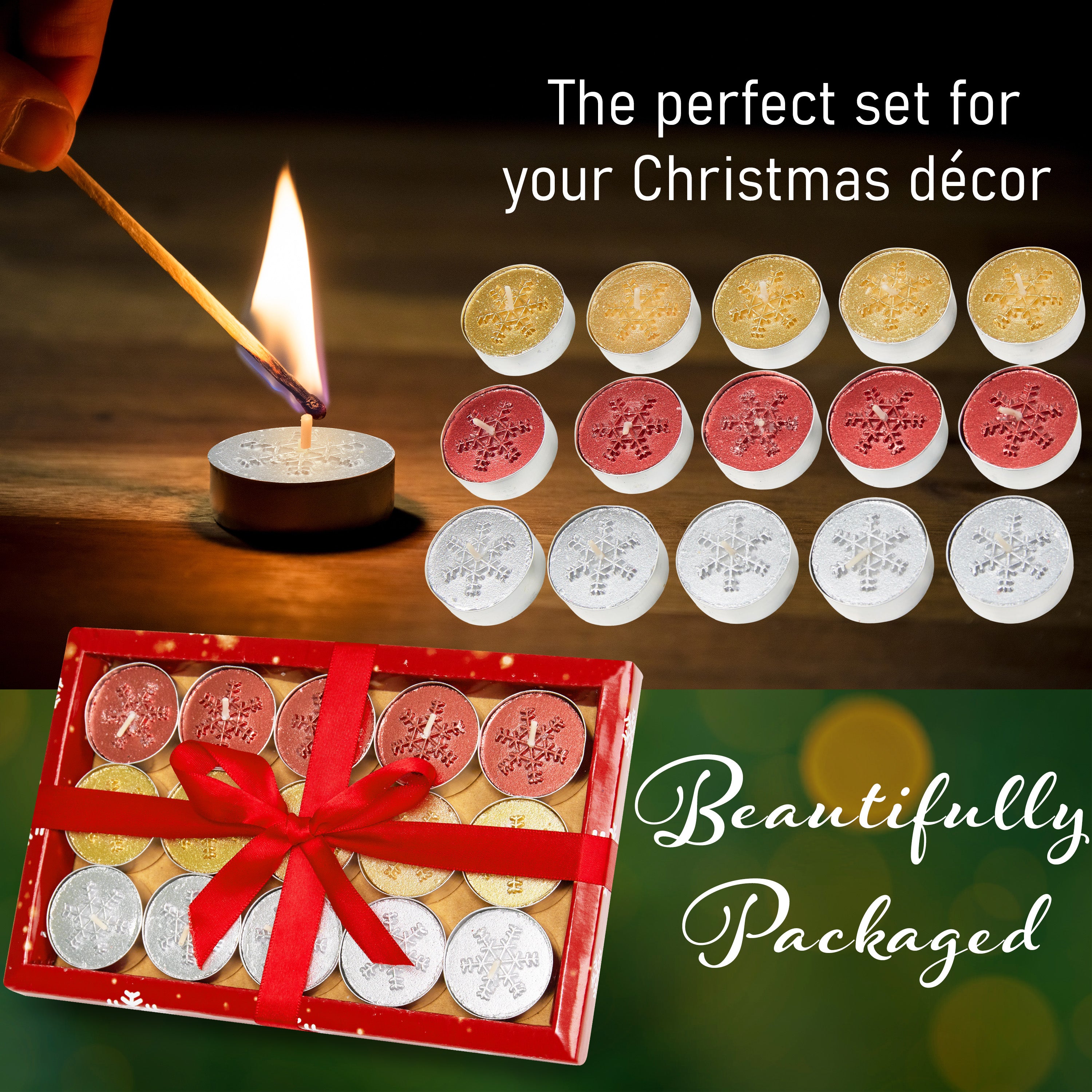 DECO EXPRESS Christmas Tealight Candle Set, Multipack of 15 with 3 Hours Burning Time Festive Xmas Decor Unscented (Multi 15 Pack) - Get Trend
