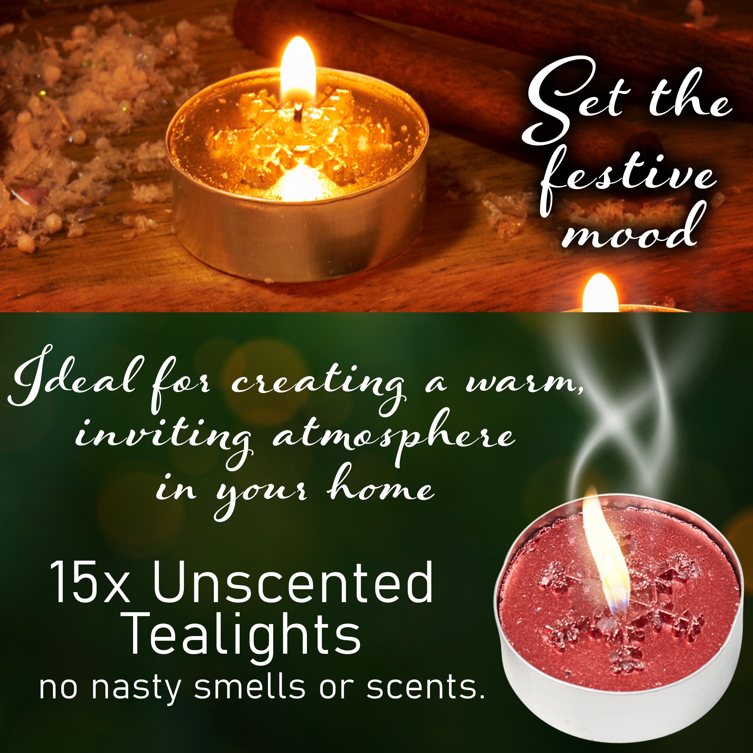 DECO EXPRESS Christmas Tealight Candle Set, Multipack of 15 with 3 Hours Burning Time Festive Xmas Decor Unscented (Multi 15 Pack) - Get Trend