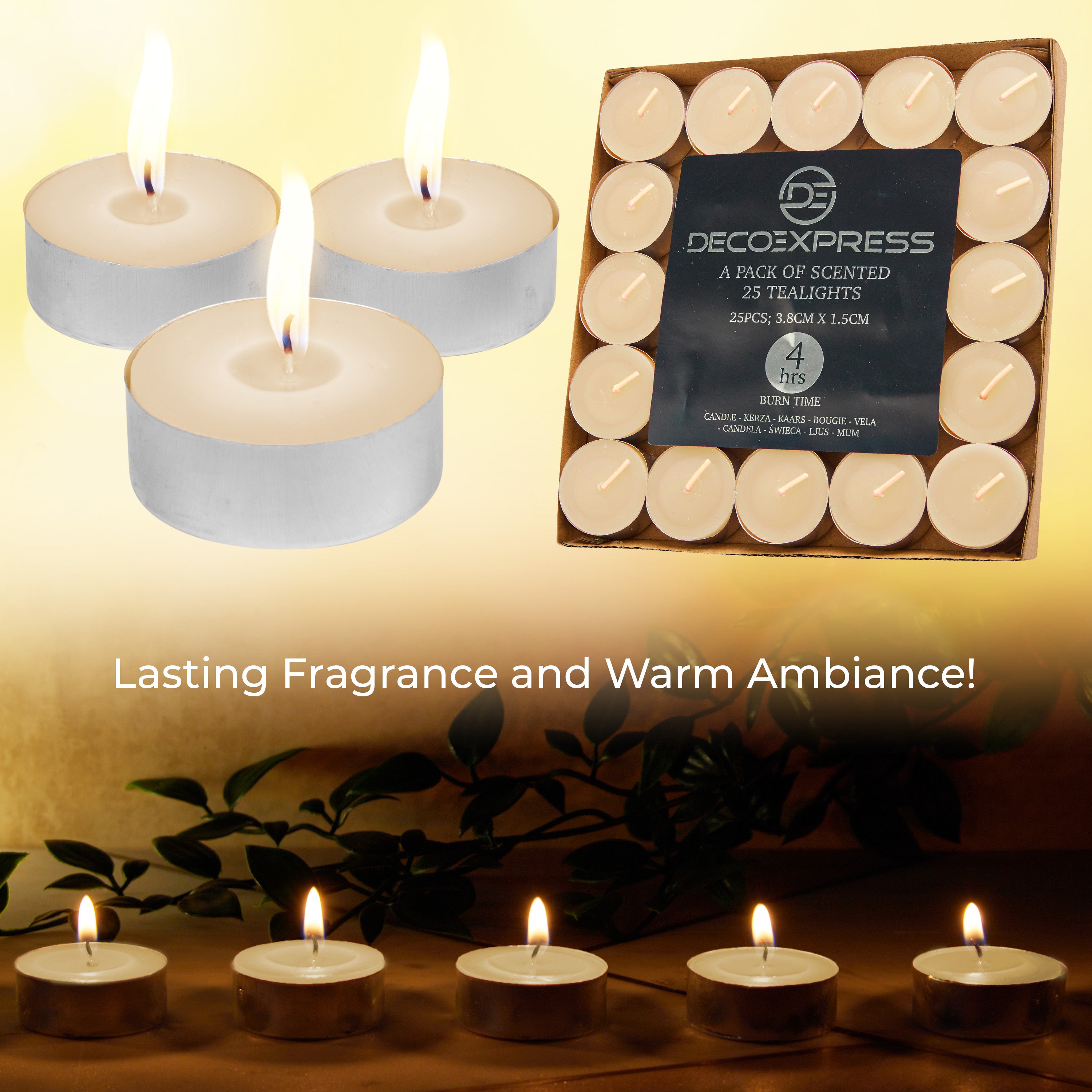 DECO EXPRESS Tealight Candles Multipack of 200, 100, 50, 25 or 24, Burning Time 4, 8 or 10 Hours - Tea Lights Candles - Get Trend
