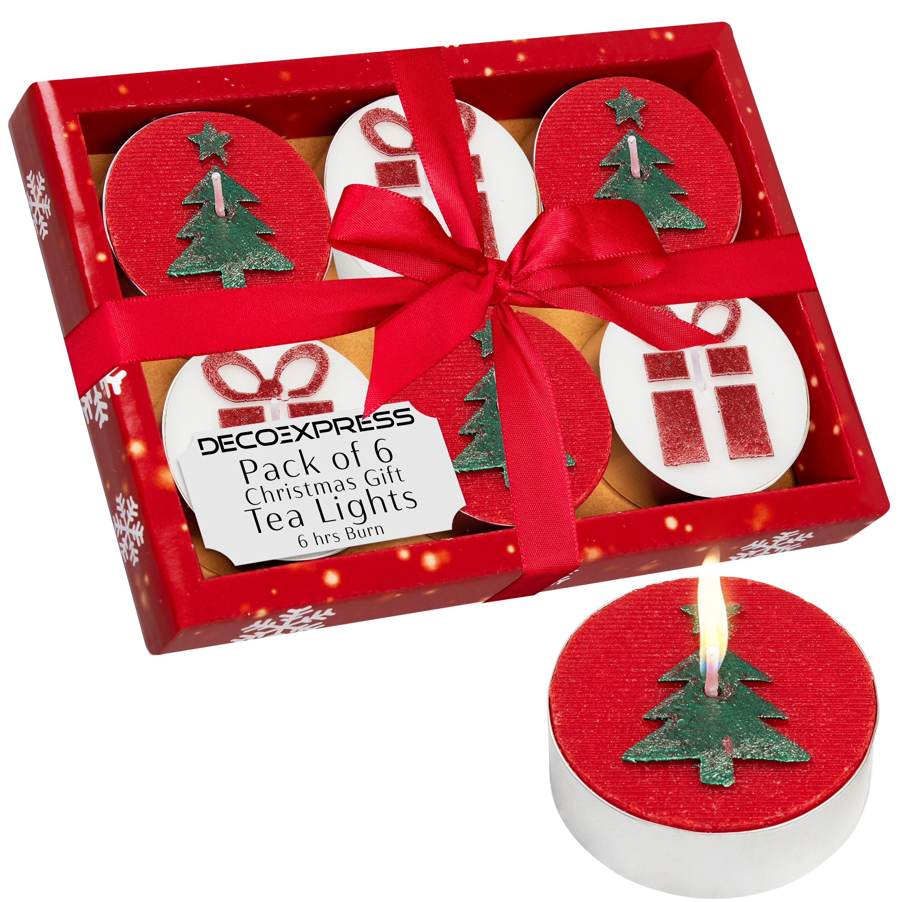 DECO EXPRESS Christmas Tealight Candle Set, Multipack of 6 with 6 Hours Burning Time Festive Xmas Decor Unscented (Red/White 6 Pack) - Get Trend