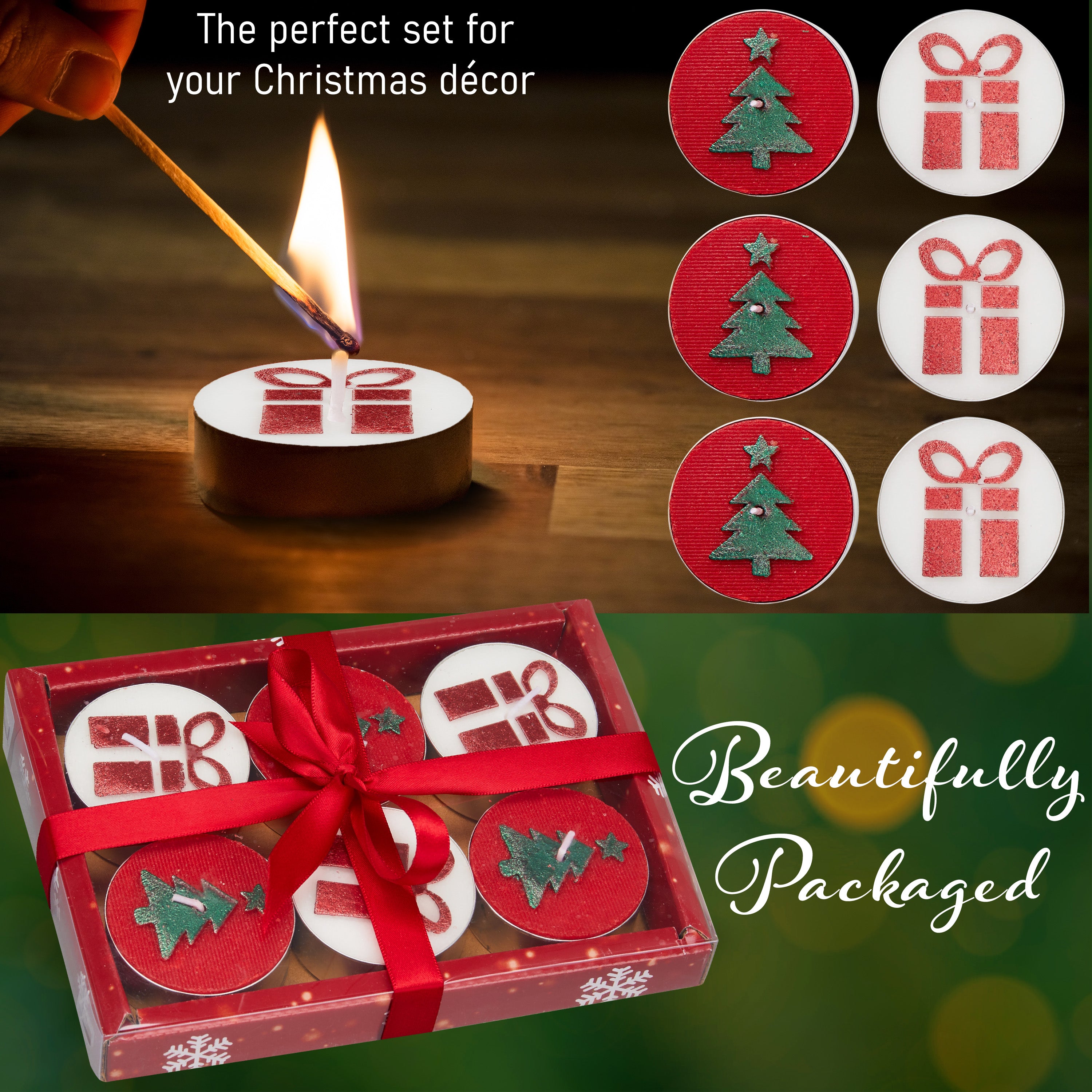 DECO EXPRESS Christmas Tealight Candle Set, Multipack of 6 with 6 Hours Burning Time Festive Xmas Decor Unscented (Red/White 6 Pack) - Get Trend