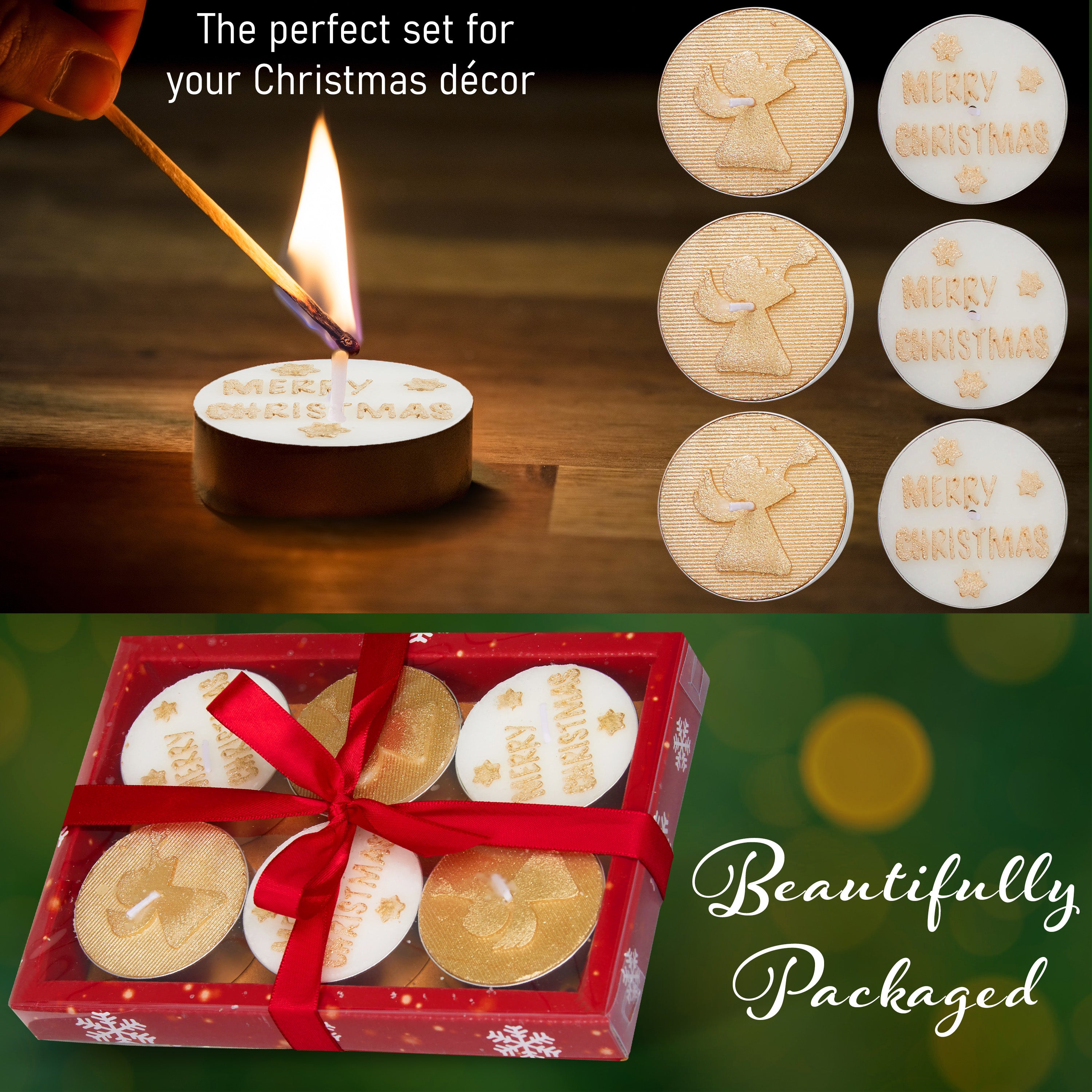 DECO EXPRESS Christmas Tealight Candle Set, Multipack of 6 with 6 Hours Burning Time Festive Xmas Decor Unscented (White/Gold 6 Pack) - Get Trend