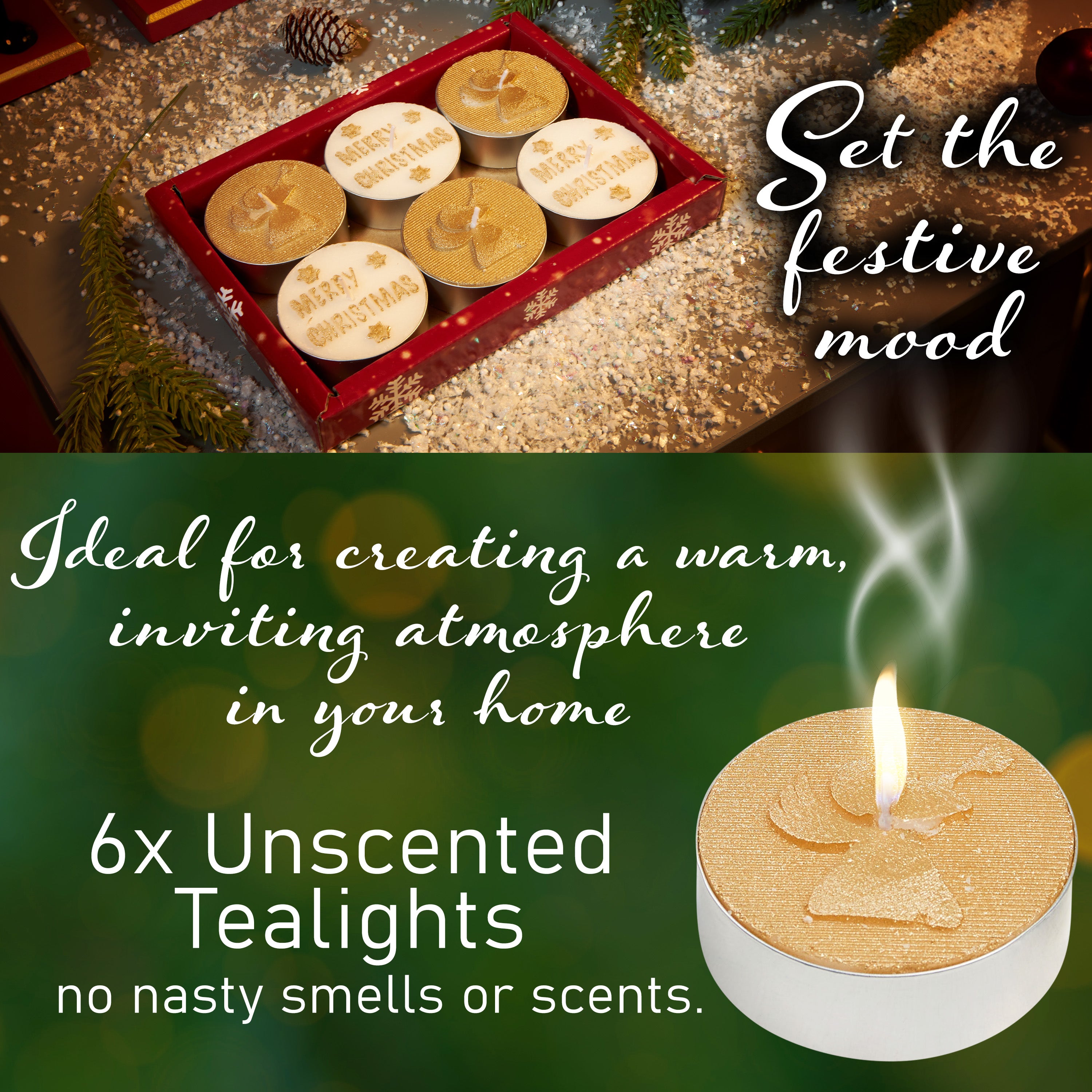 DECO EXPRESS Christmas Tealight Candle Set, Multipack of 6 with 6 Hours Burning Time Festive Xmas Decor Unscented (White/Gold 6 Pack) - Get Trend