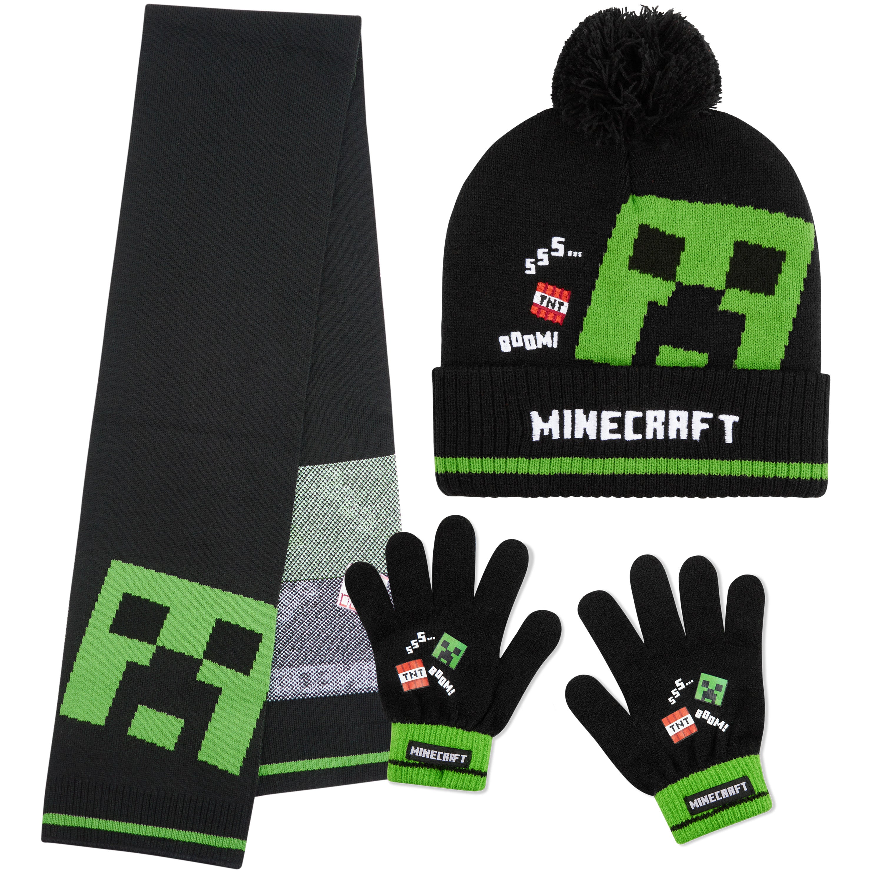 Minecraft Cold Weather Set - Creeper Beanie Hat Scarf and Gloves Set Kids Winter Set - Get Trend