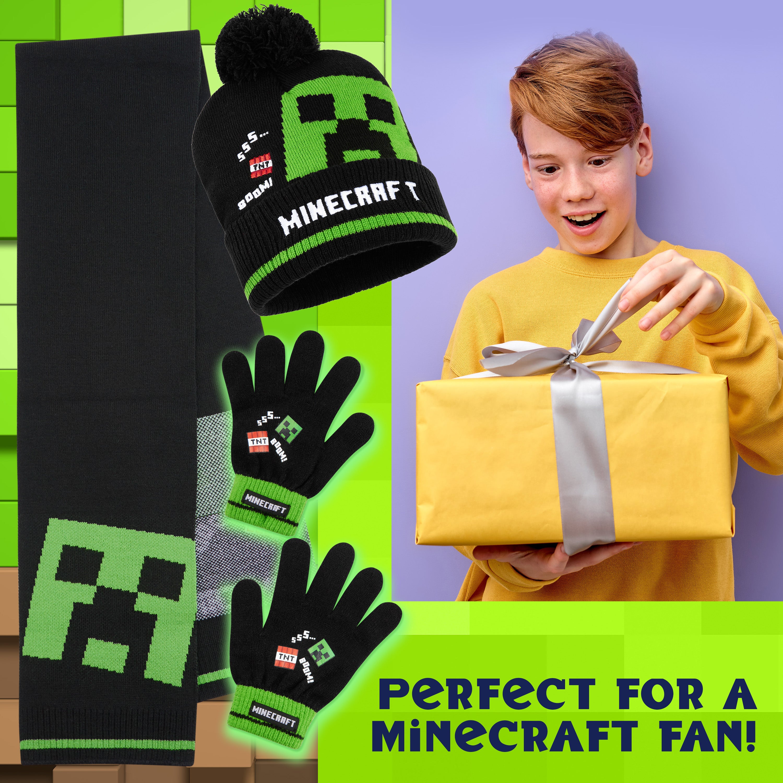 Minecraft Cold Weather Set - Creeper Beanie Hat Scarf and Gloves Set Kids Winter Set - Get Trend
