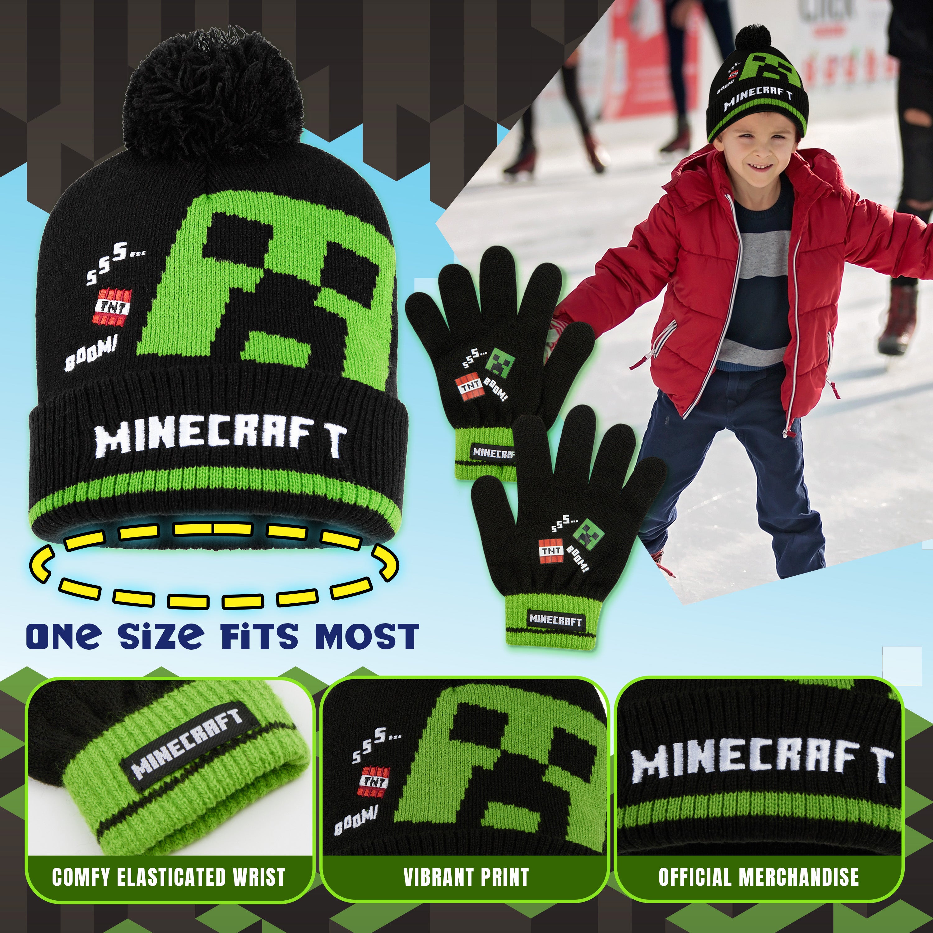 Minecraft Cold Weather Set - Creeper Beanie Hat Scarf and Gloves Set Kids Winter Set - Get Trend