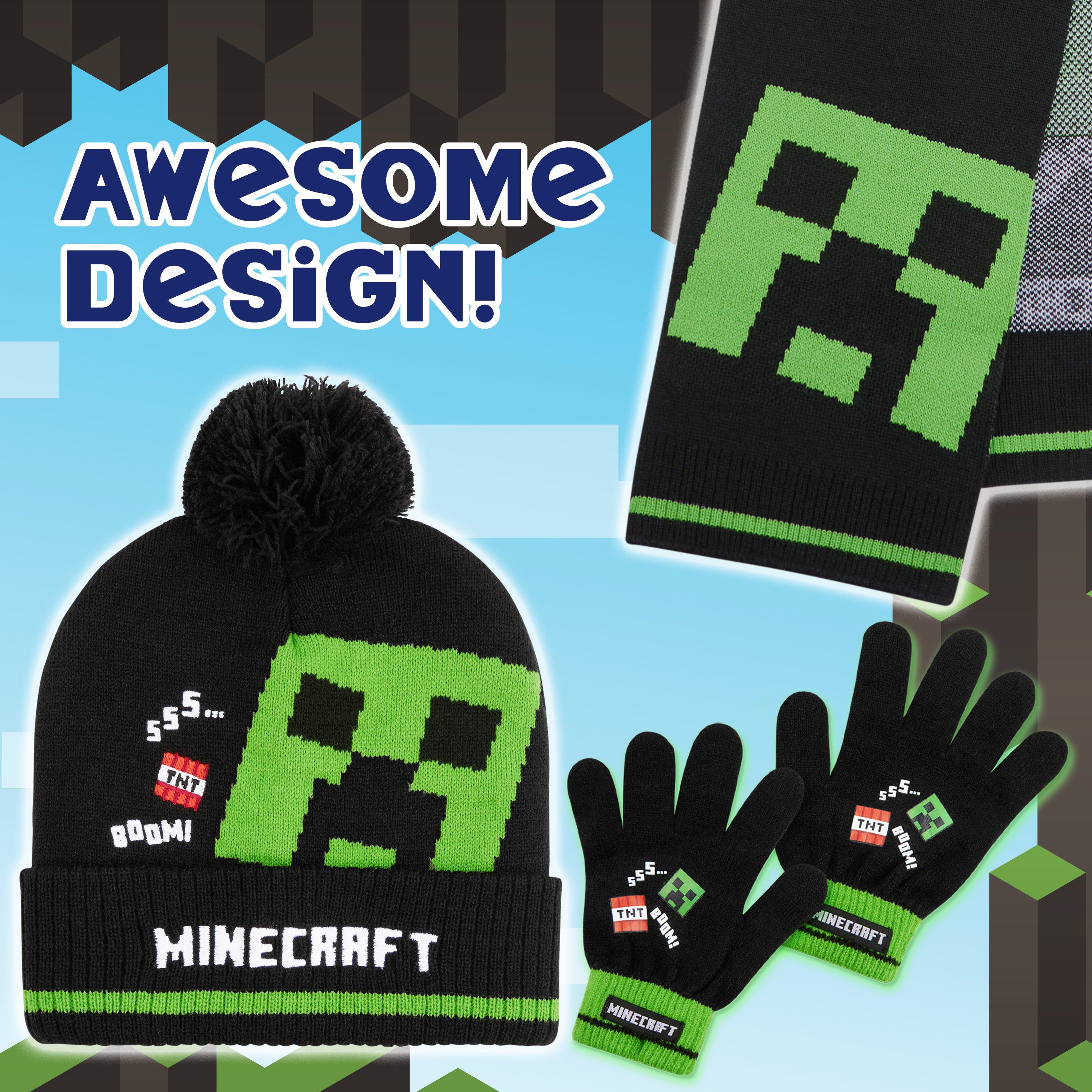 Minecraft Cold Weather Set - Creeper Beanie Hat Scarf and Gloves Set Kids Winter Set - Get Trend