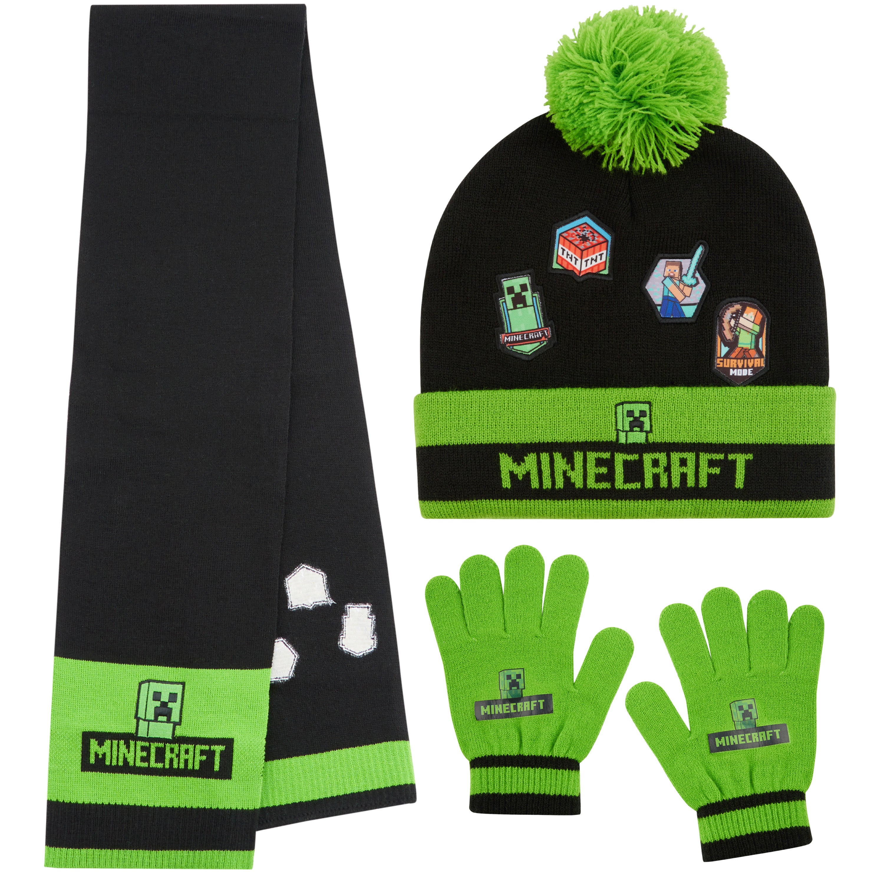 Minecraft Cold Weather Set - Creeper Beanie Hat Scarf and Gloves Set Kids Winter Set - Gaming Gifts for Boys - Get Trend