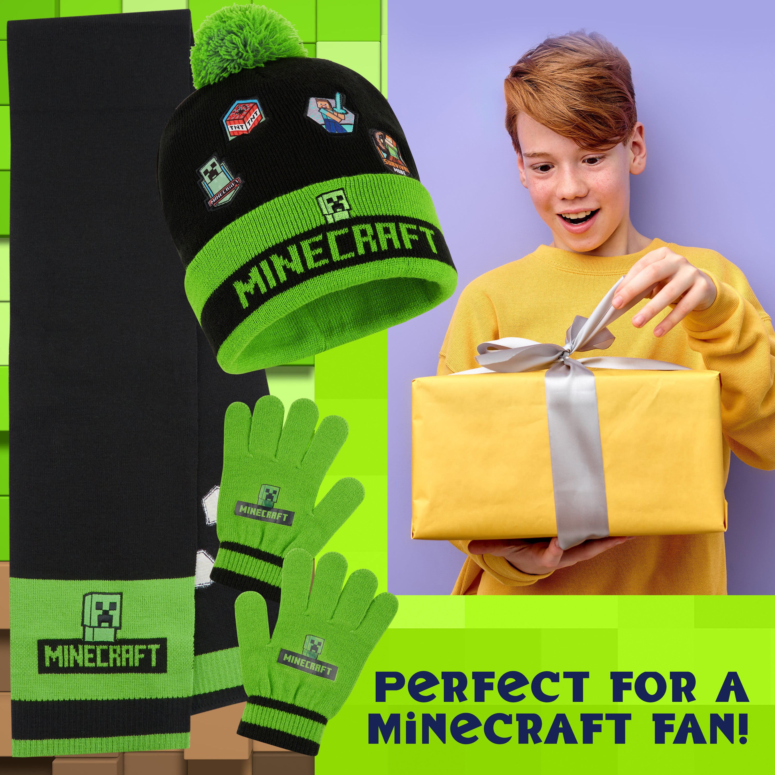 Minecraft Cold Weather Set - Creeper Beanie Hat Scarf and Gloves Set Kids Winter Set - Gaming Gifts for Boys - Get Trend