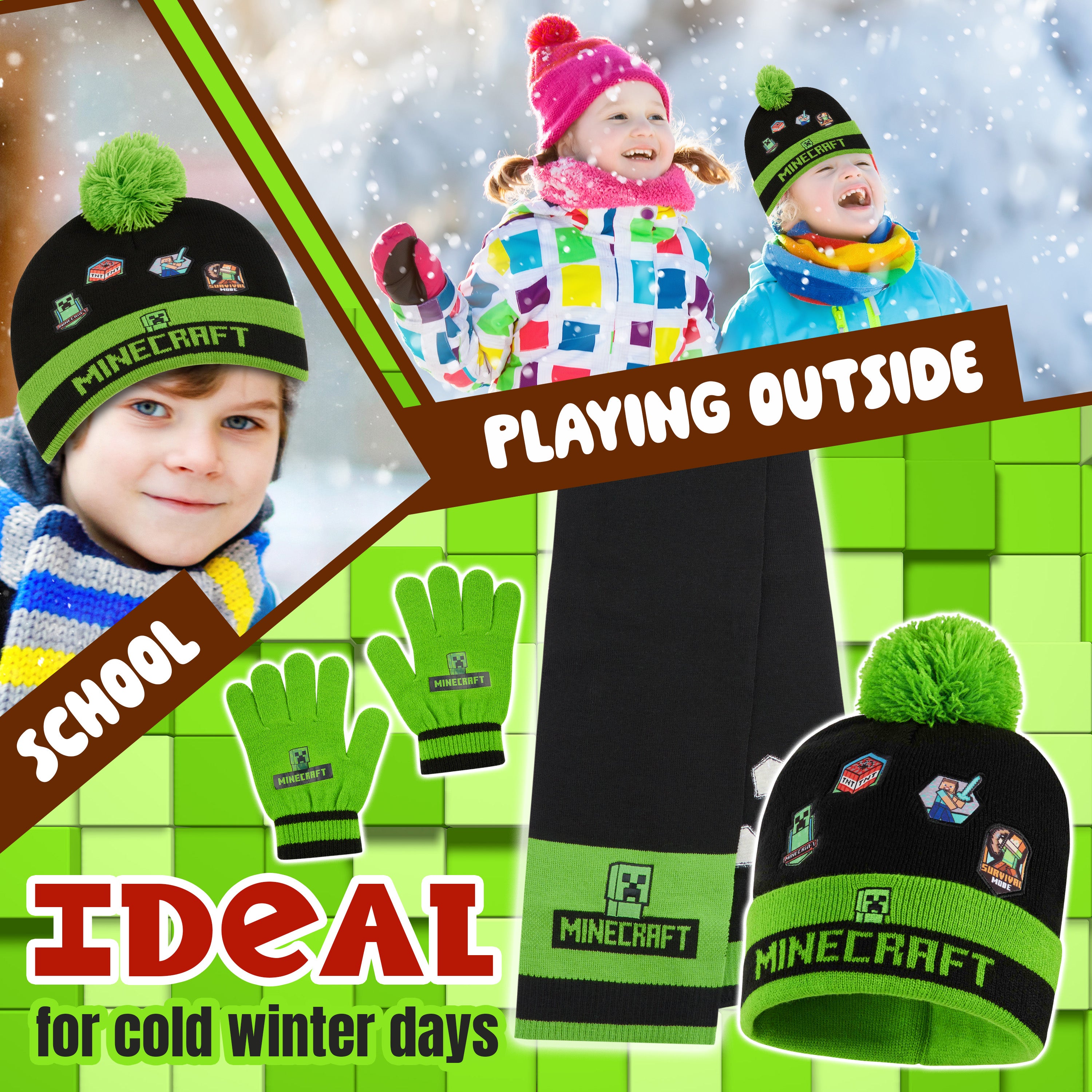 Minecraft Cold Weather Set - Creeper Beanie Hat Scarf and Gloves Set Kids Winter Set - Gaming Gifts for Boys - Get Trend