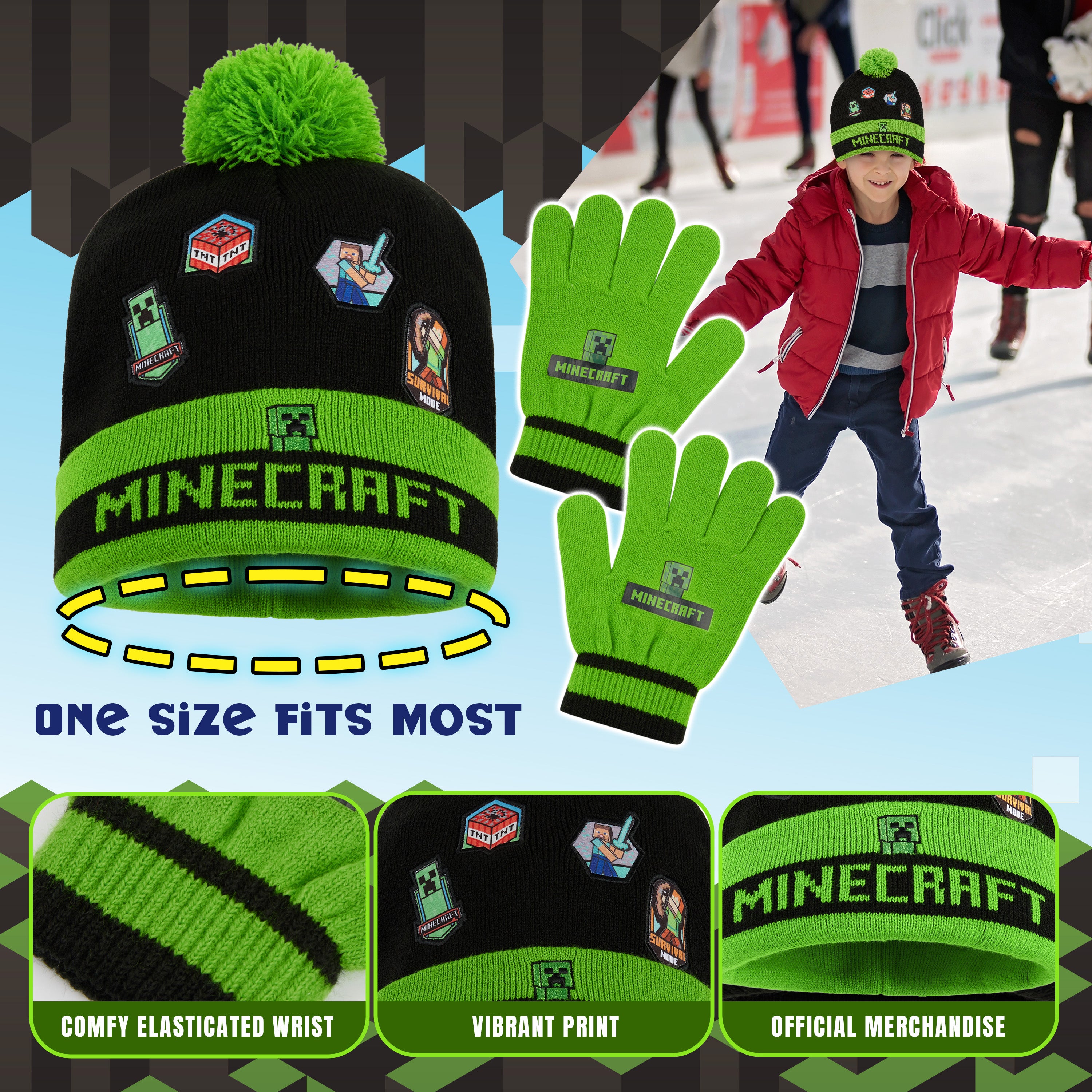 Minecraft Cold Weather Set - Creeper Beanie Hat Scarf and Gloves Set Kids Winter Set - Gaming Gifts for Boys - Get Trend