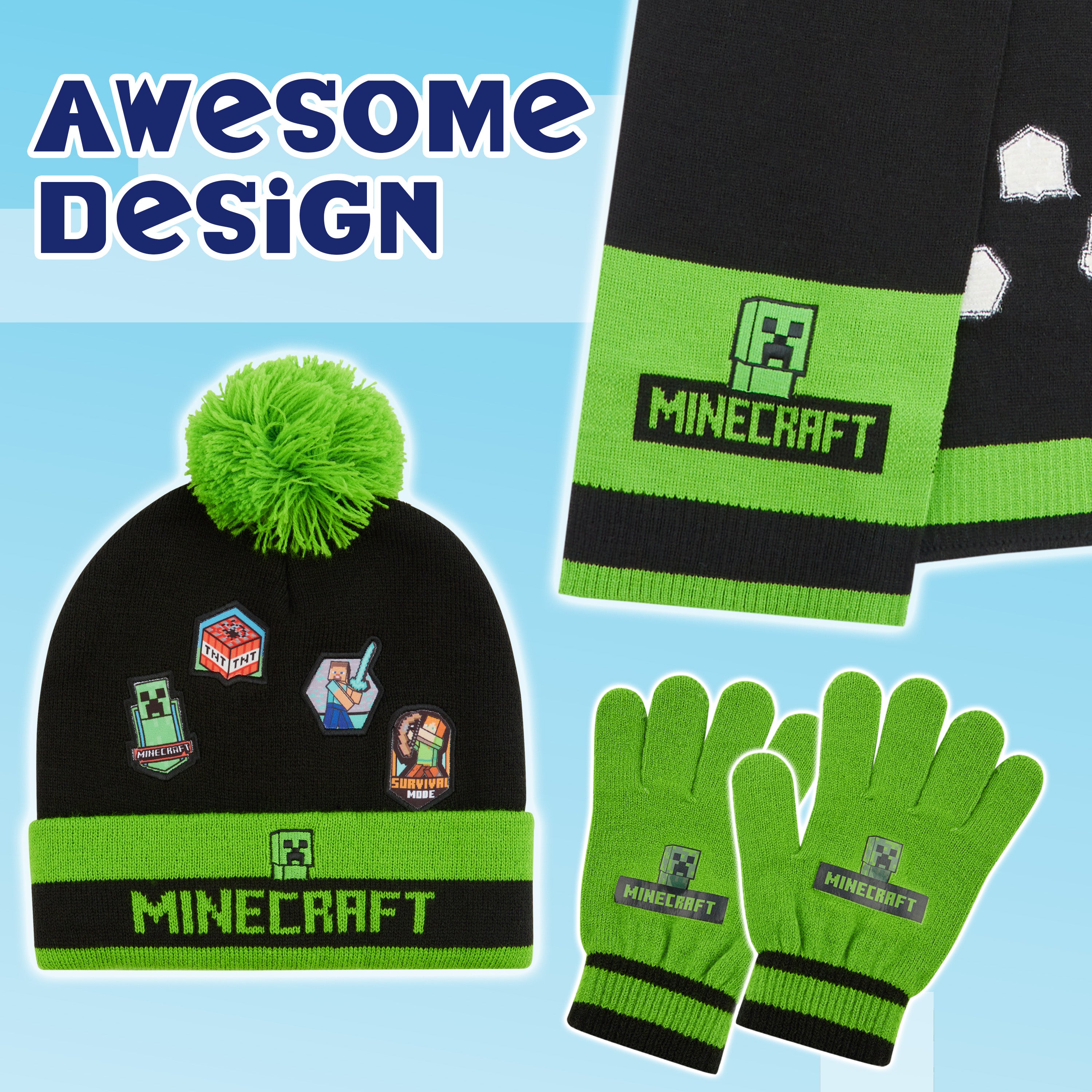 Minecraft Cold Weather Set - Creeper Beanie Hat Scarf and Gloves Set Kids Winter Set - Gaming Gifts for Boys - Get Trend