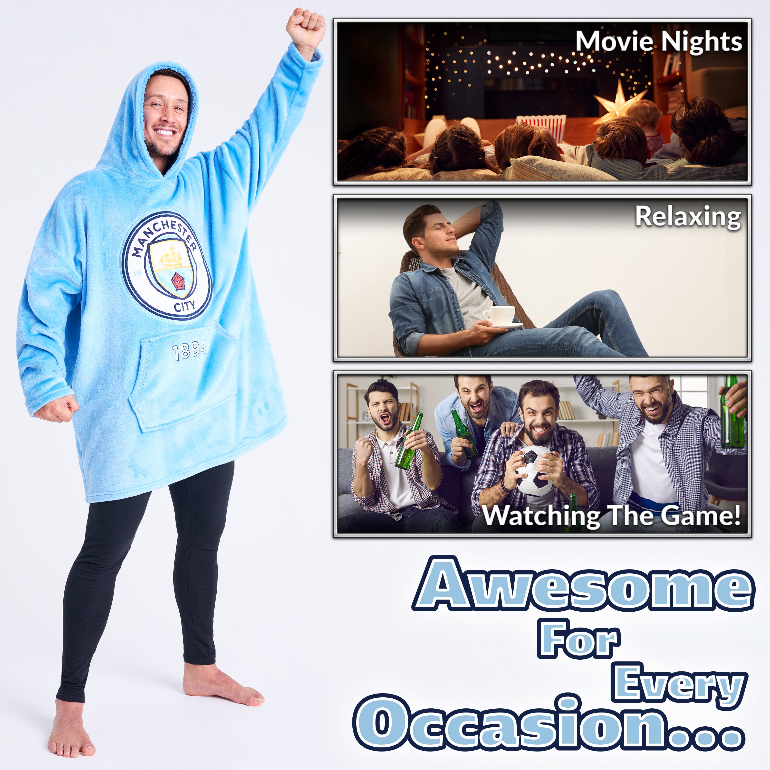 Manchester City FC Mens Hoodies - Fleece Oversized Hoodie Blanket for Men - Get Trend