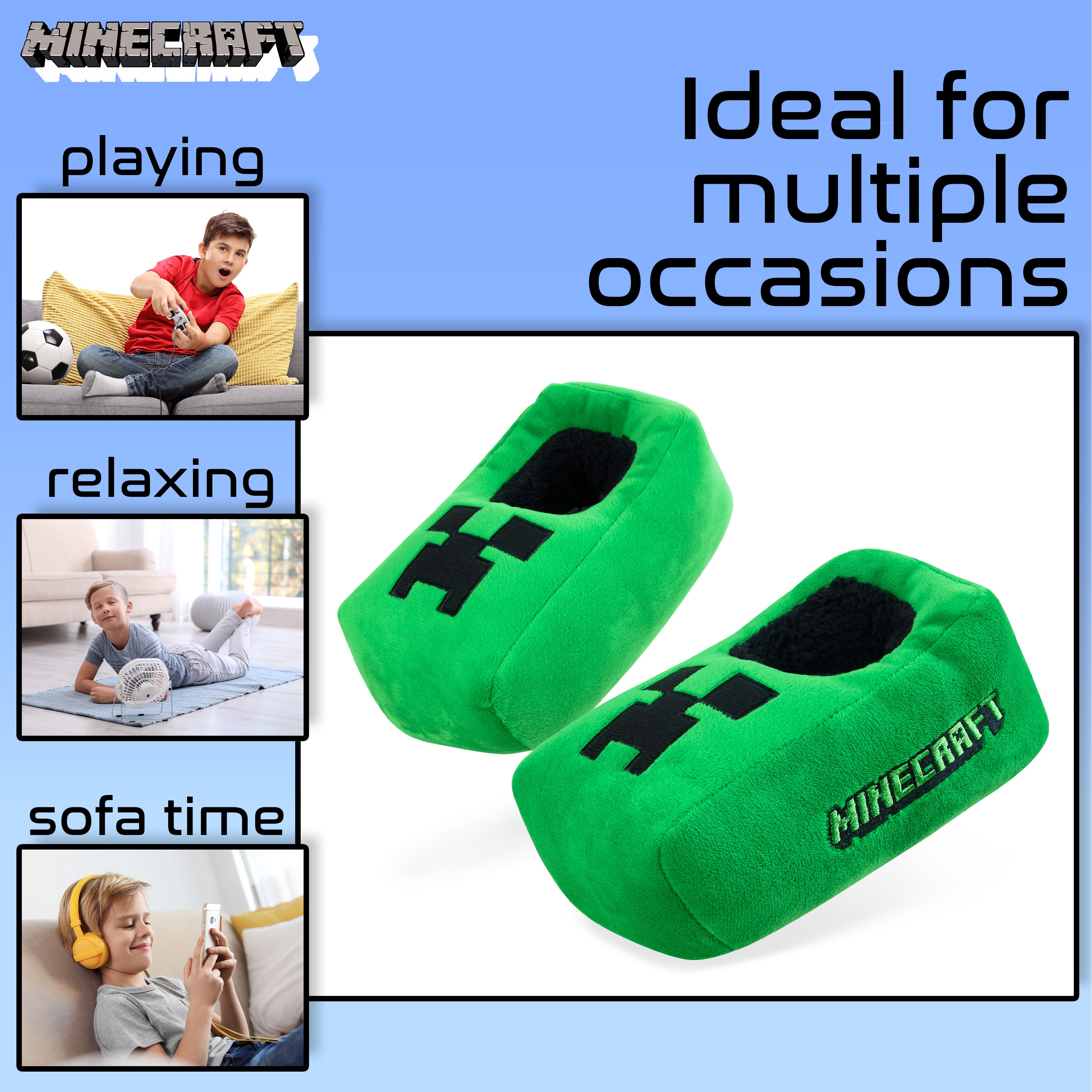 Minecraft Boys Slippers, Cosy Creeper Indoor House Shoes - Gamer Gifts for Boys - Get Trend