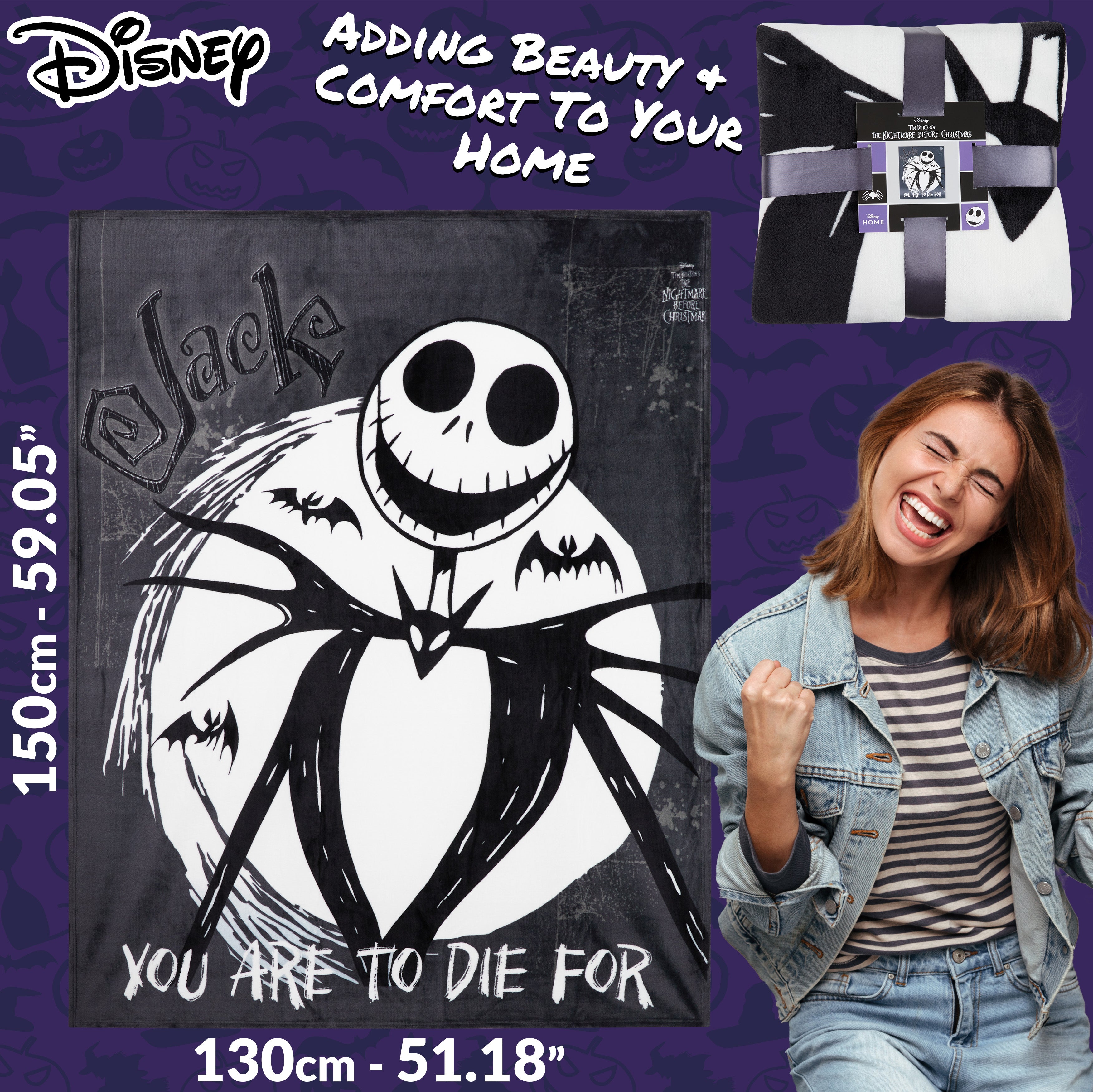 Disney The Nightmare Before Christmas Soft Fleece Bed Blanket 150 x 130cm (Black/White) - Get Trend