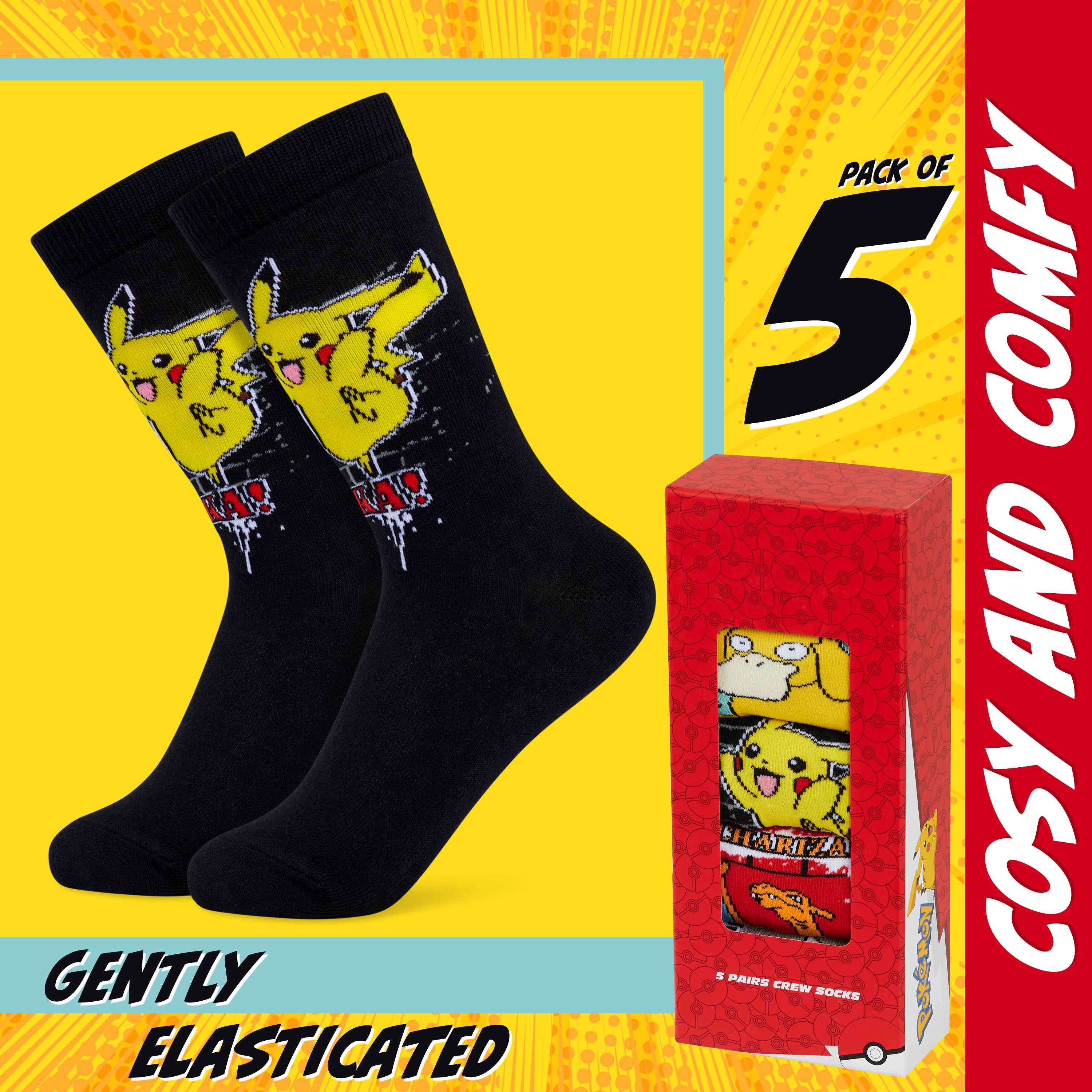Pokemon Boys Calf Socks, Pikachu Soft Breathable Kids Socks Pack of 5 - Get Trend