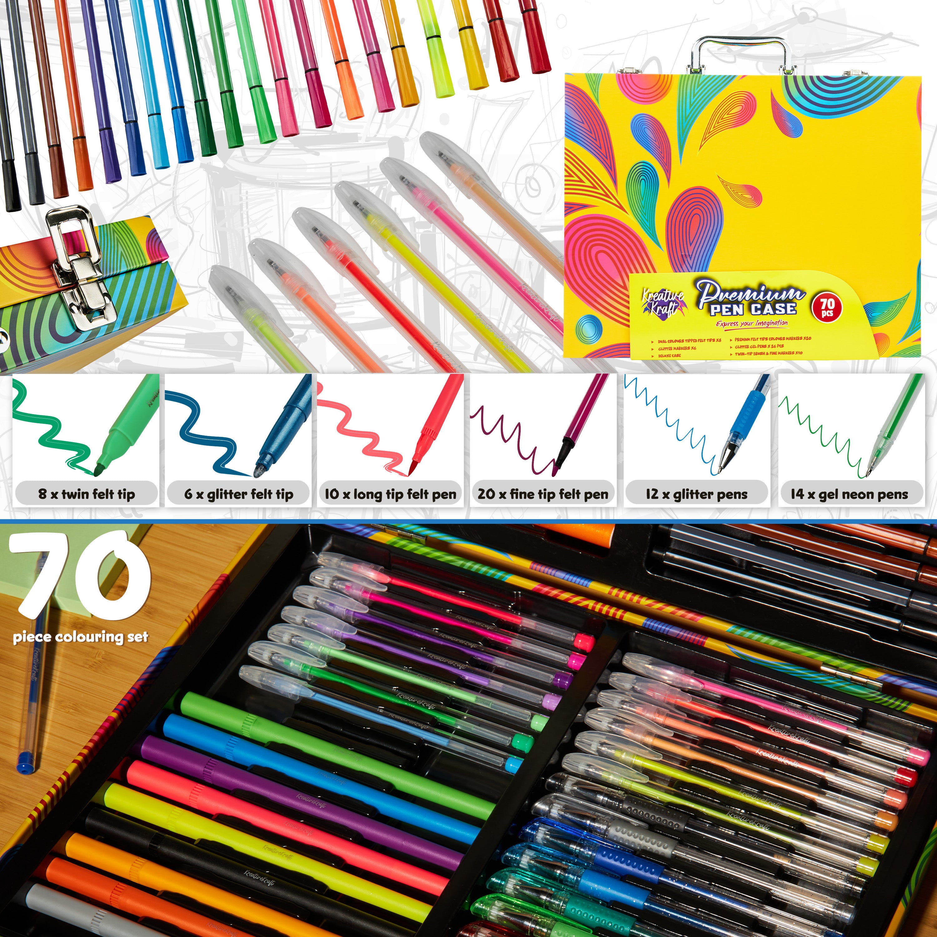 KreativeKraft Colouring Pens Set 70 Pcs, Felt Tip Pens Glitter Gel Pens Glitter Markers in Art Case - Get Trend