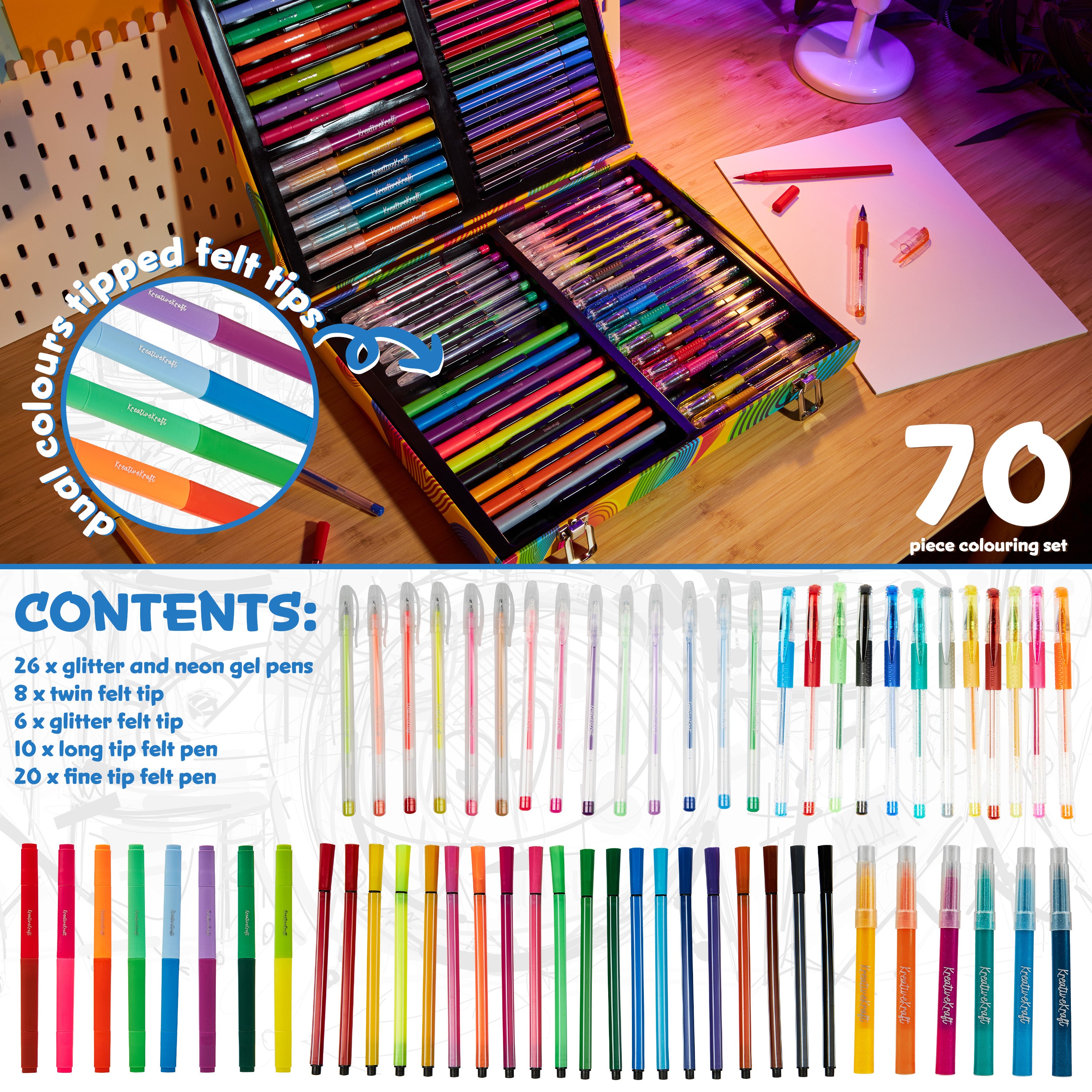 KreativeKraft Colouring Pens Set 70 Pcs, Felt Tip Pens Glitter Gel Pens Glitter Markers in Art Case - Get Trend