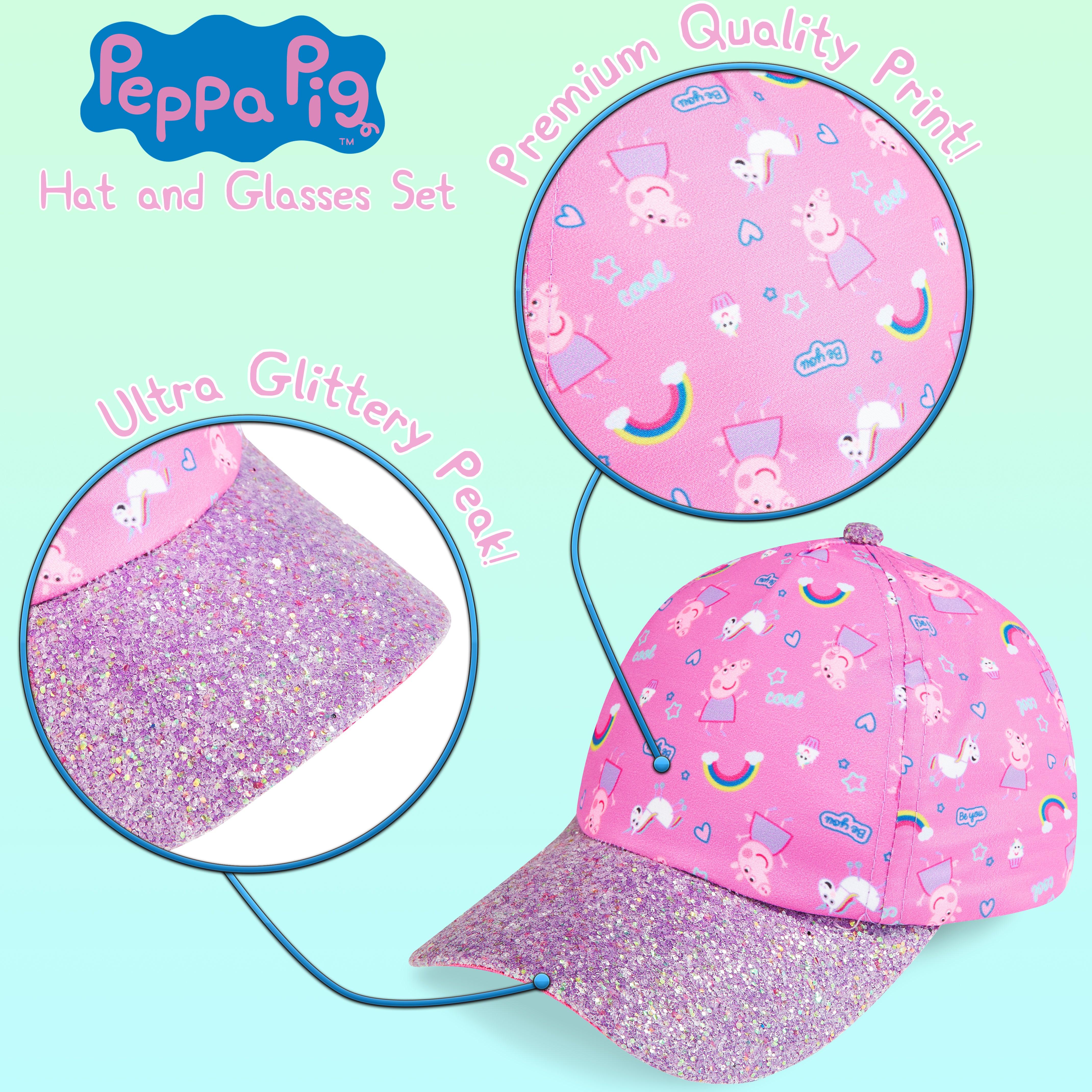 Peppa Pig Girls Summer Hat & Kids Sunglasses, Rainbow Unicorn Pink Baseball Cap - Get Trend