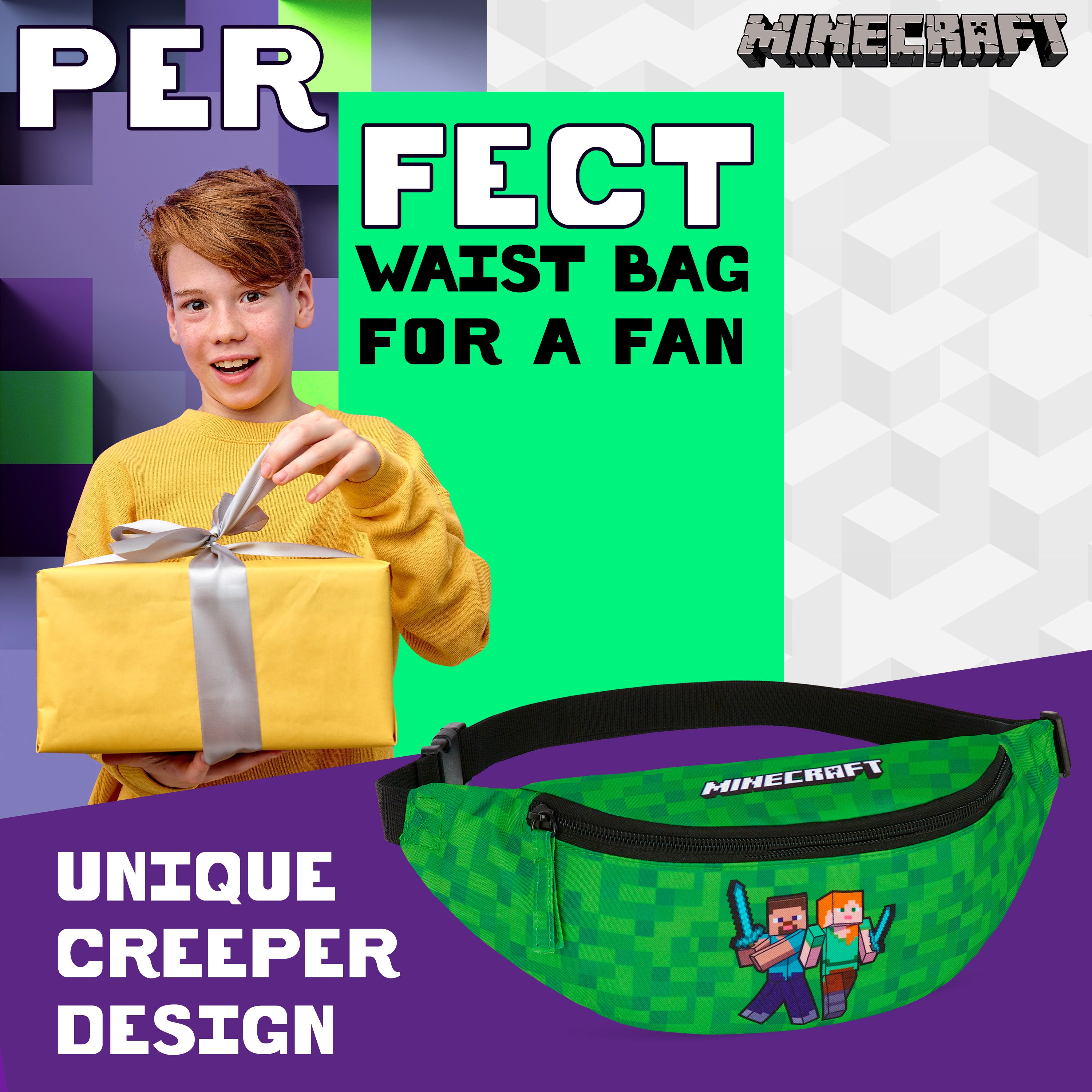 Minecraft Boys Fashion Waist Pack with Adjustable Strap, Creeper Travel Bag - Gamer Gifts (Green) - Get Trend