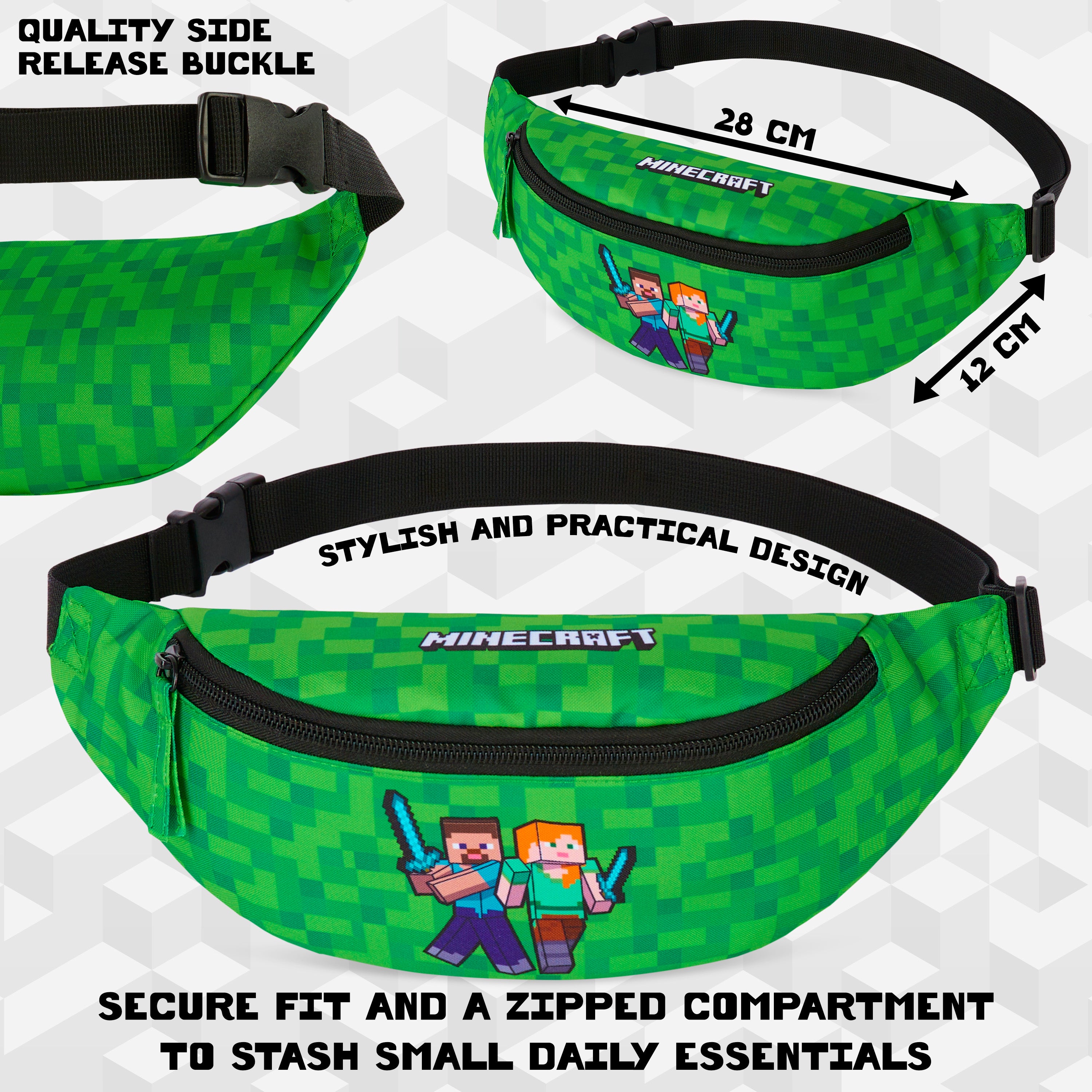 Minecraft Boys Fashion Waist Pack with Adjustable Strap, Creeper Travel Bag - Gamer Gifts (Green) - Get Trend