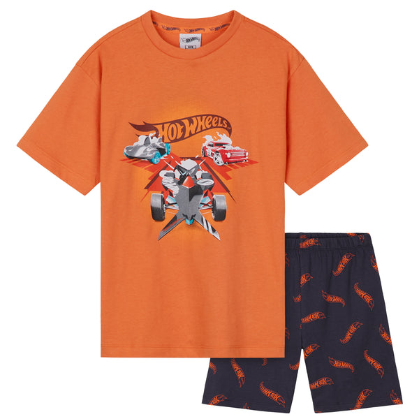 Hot Wheels Boys Short Pyjamas Set, Cotton 2 Piece Loungewear Set - Orange/Navy - Get Trend