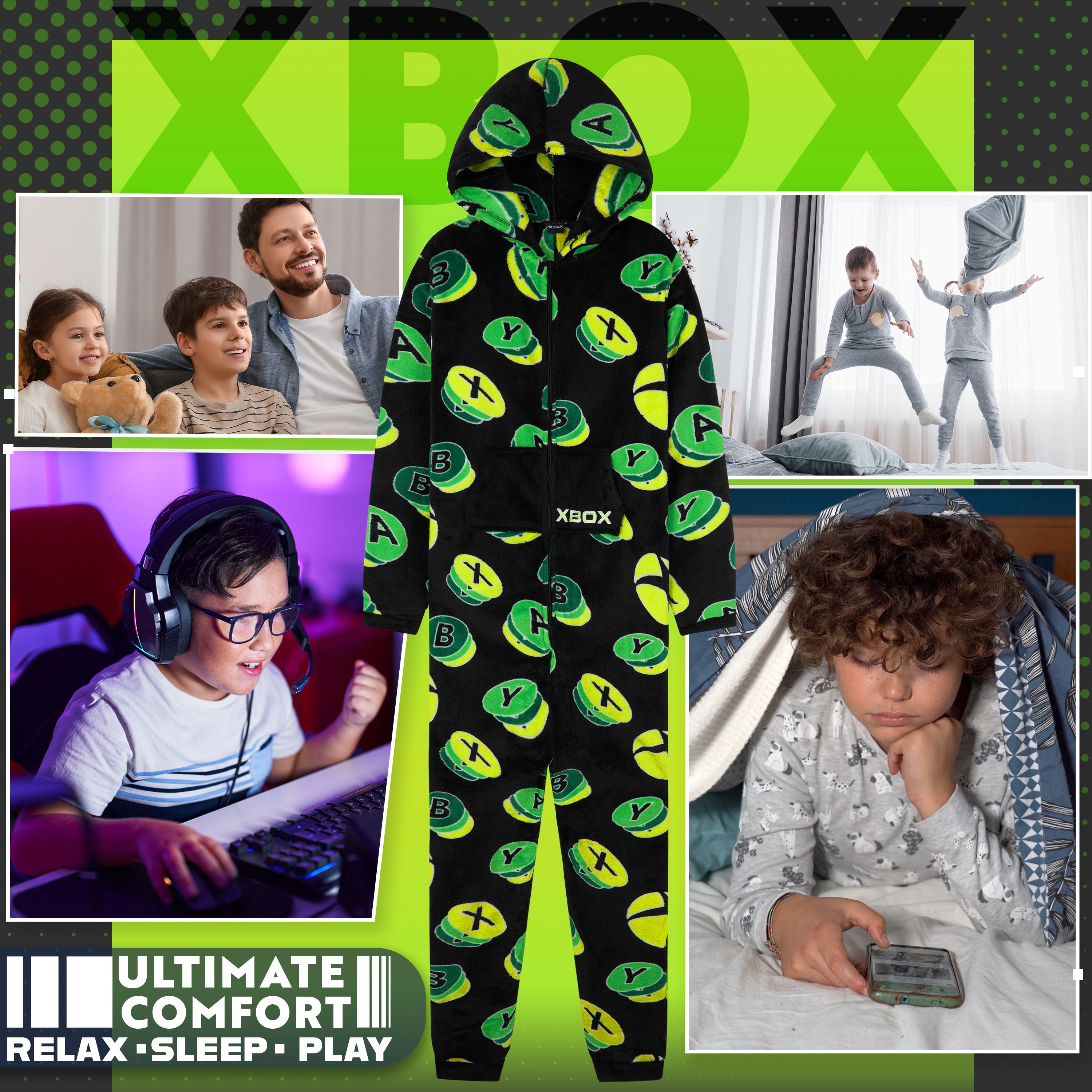 Xbox Onesie for Boys Teens All in One Fleece Pyjamas Hooded Jumpsuit Loungewear - Get Trend