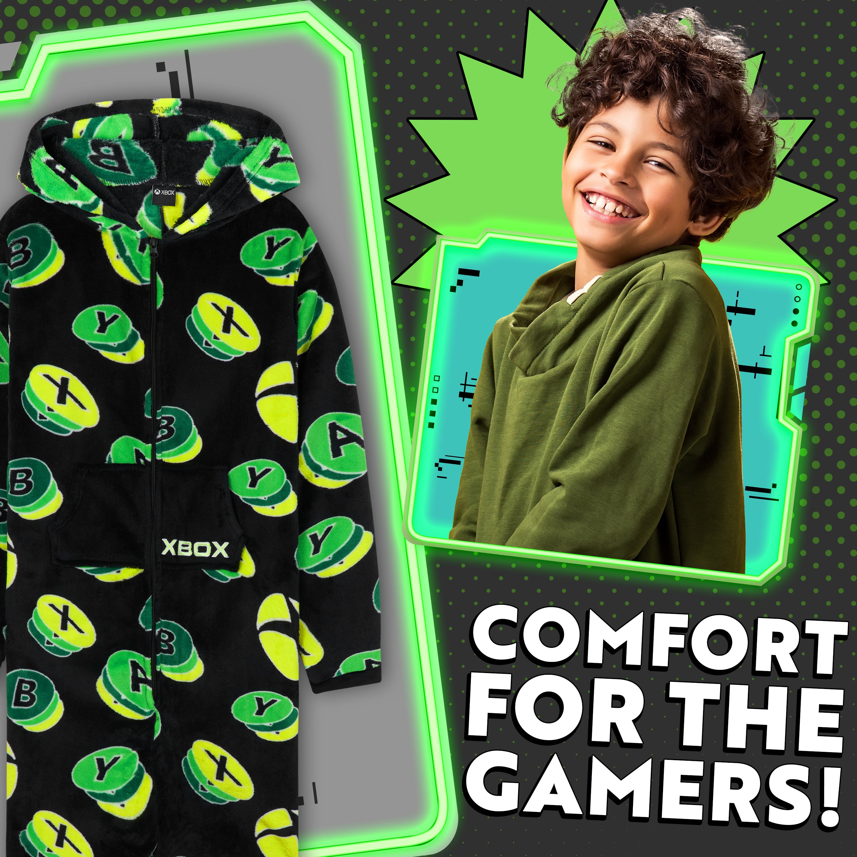 Xbox Onesie for Boys Teens All in One Fleece Pyjamas Hooded Jumpsuit Loungewear - Get Trend