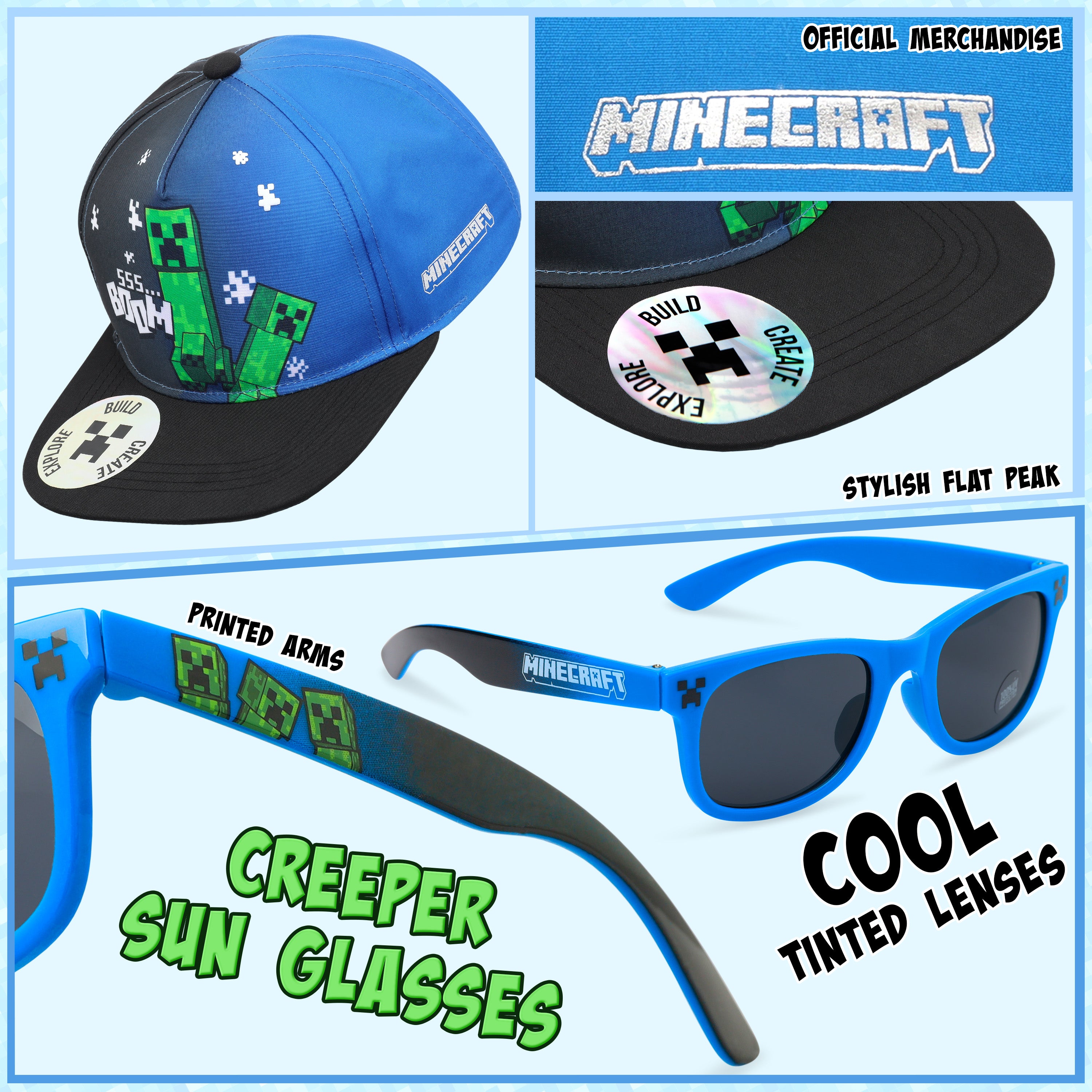 Minecraft Baseball Cap and;Sunglasses Set, Adjustable Hat 100% UV Protection Kids Boys - Get Trend