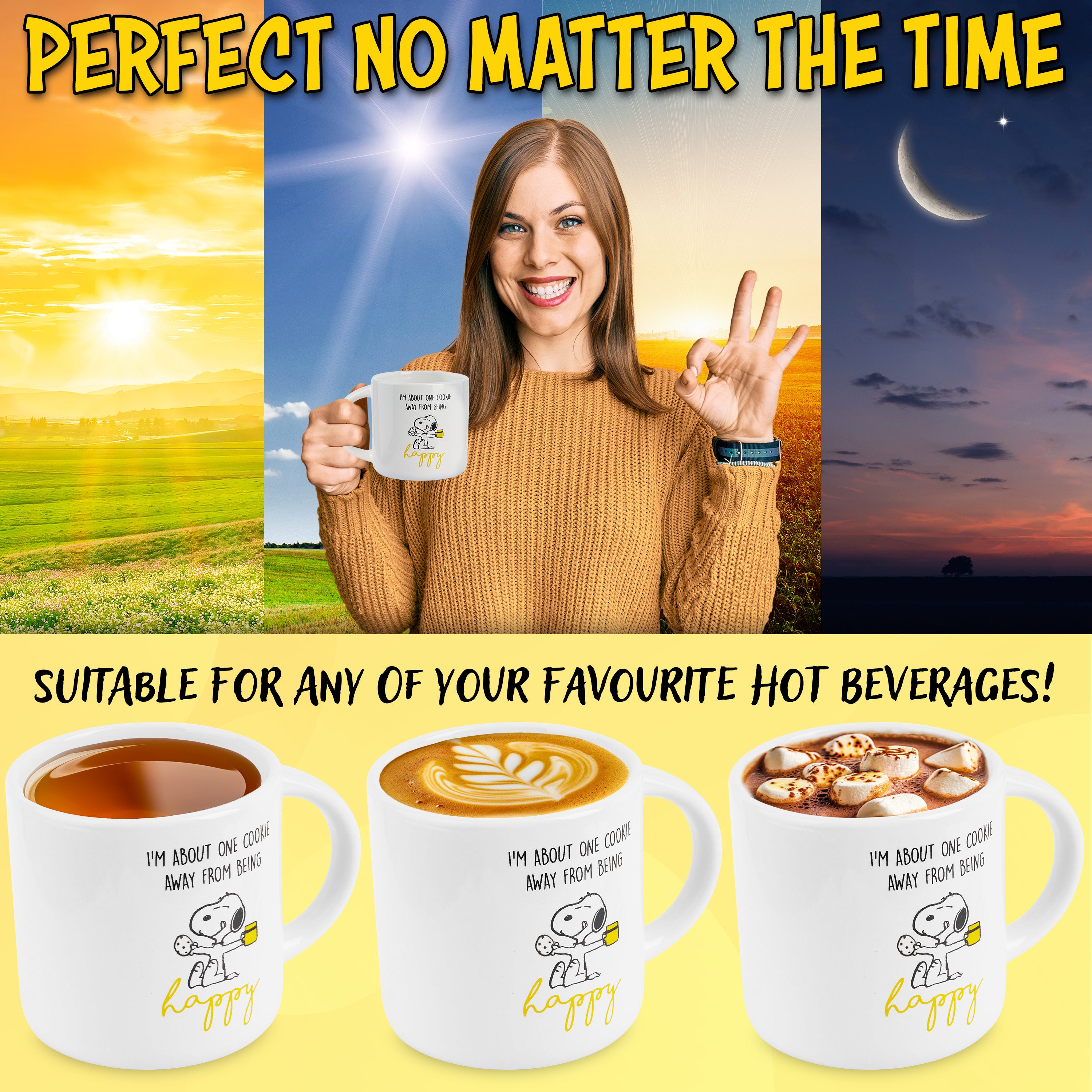 Peanuts Snoopy Coffee Cup Ceramic Mug Cute Cappuccino or Tea Cup for Women Teens Mum Wife Work Office Gifts for Women (White/Yellow Coffee, 400ml) - Get Trend