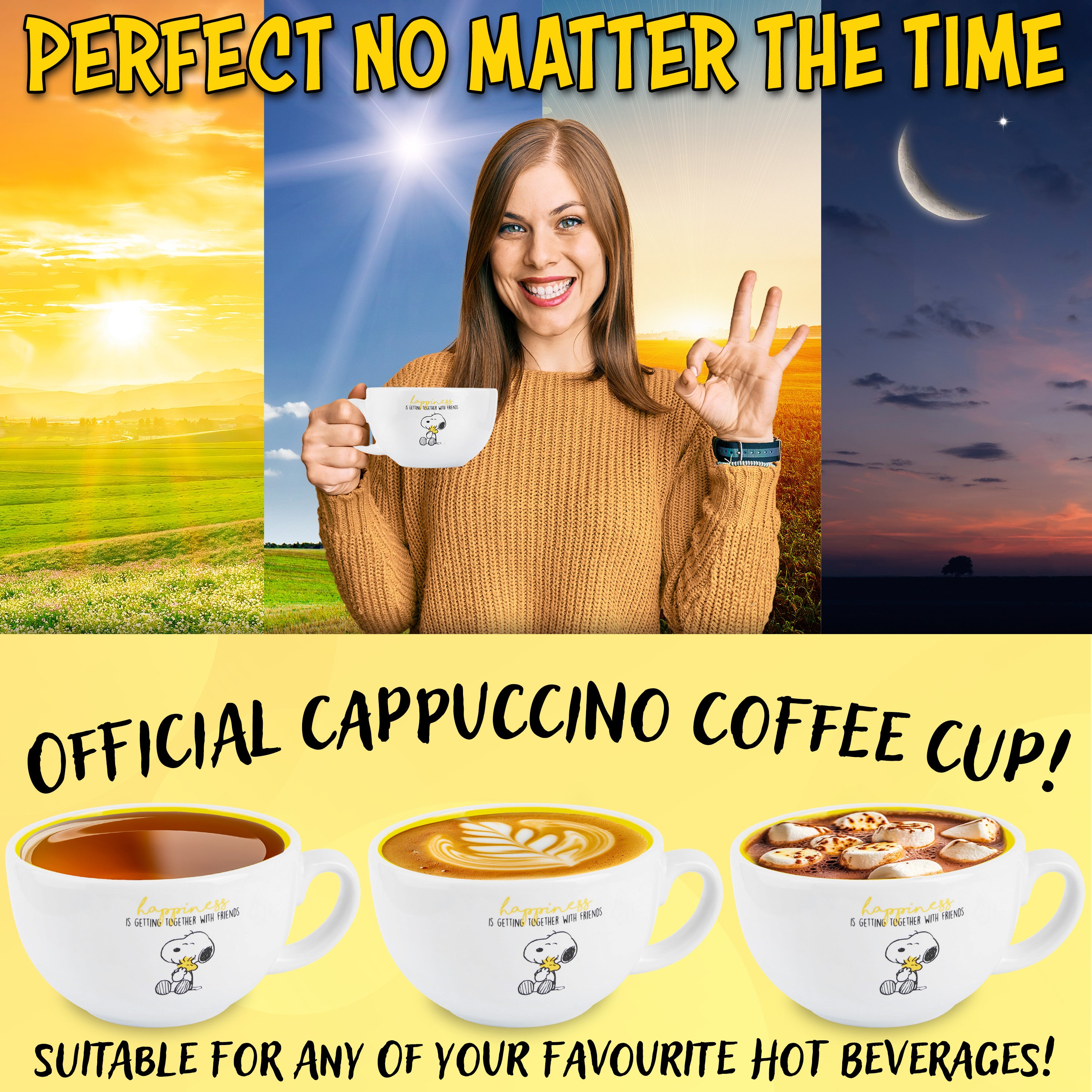 Peanuts Snoopy Coffee Cup Ceramic Mug Cute Cappuccino or Tea Cup for Women Teens Mum Wife Work Office Gifts for Women (White/Yellow Cappuccino, 340ml) - Get Trend