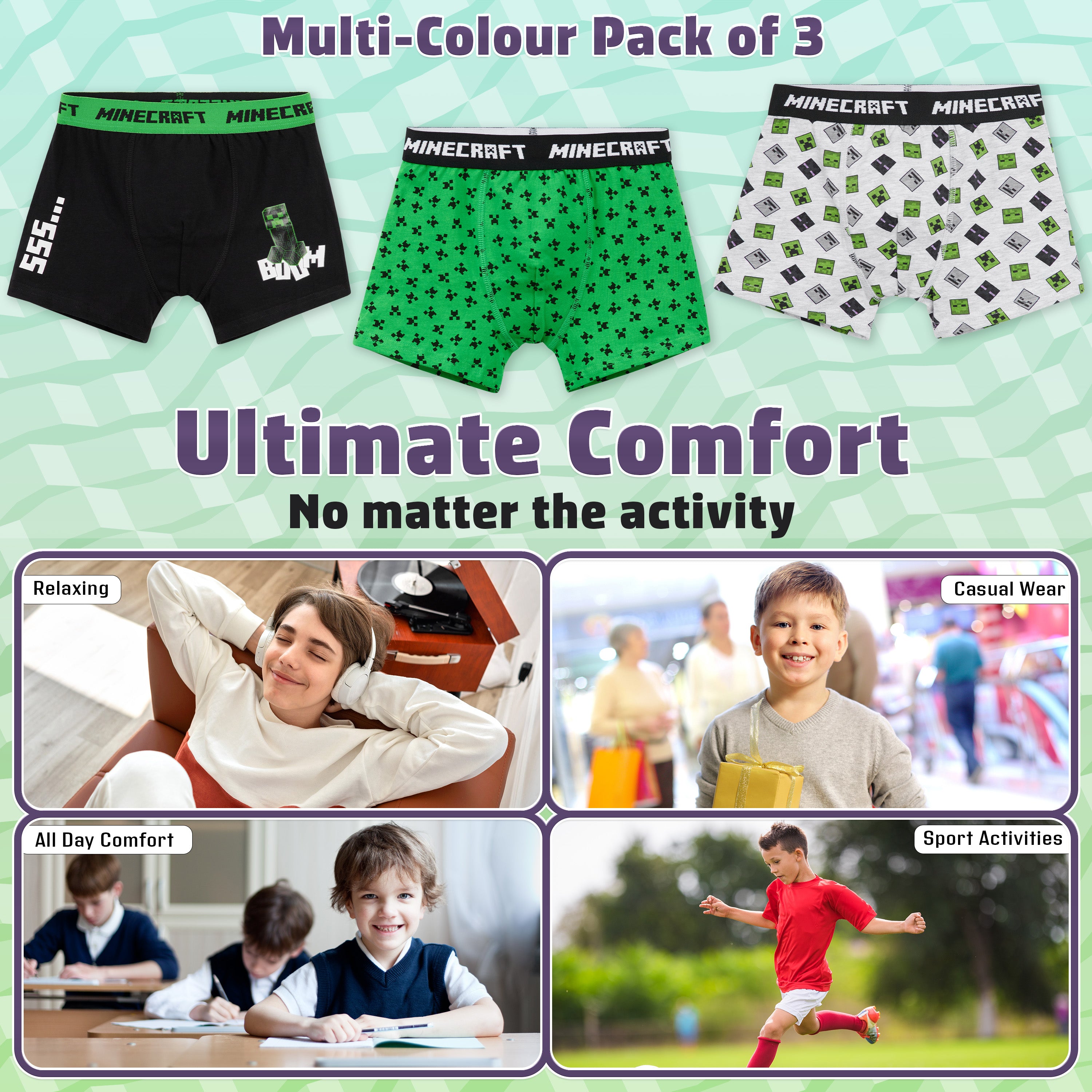 Minecraft Boys Boxer Shorts, Soft Breathable Stretchy Boxers Pack of 3 Boys Underwear - Get Trend