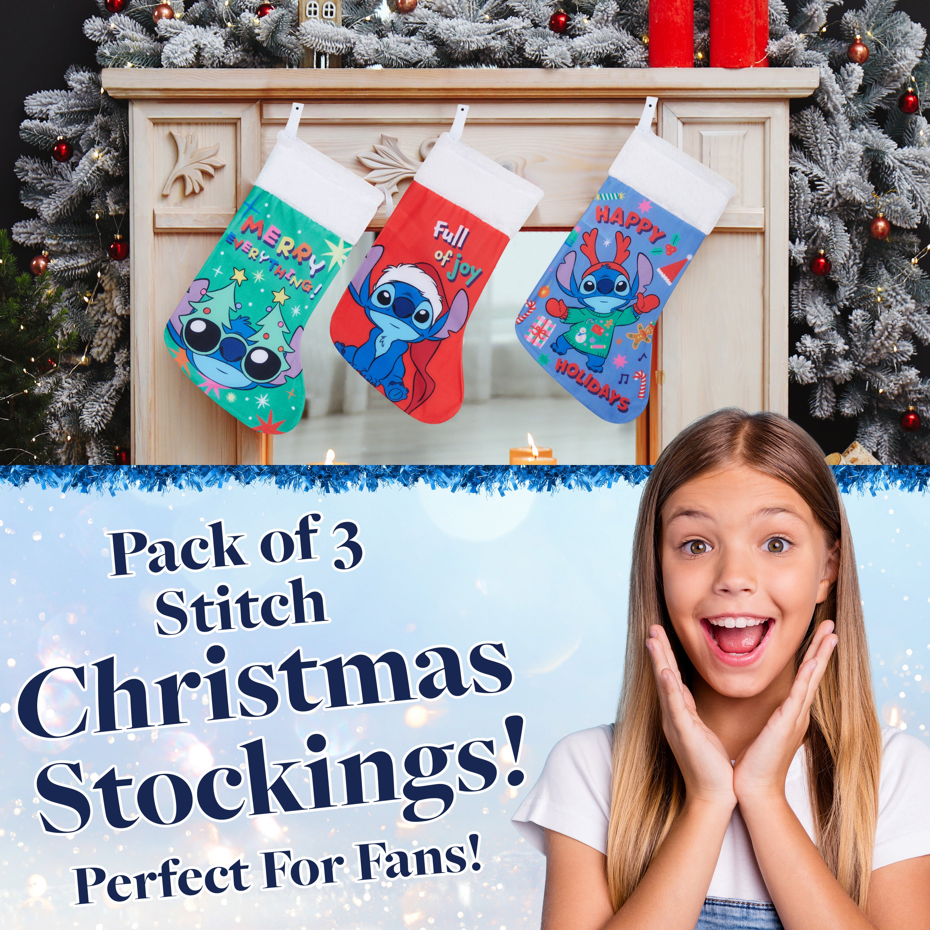Disney Stitch Christmas Stockings for Kids Teens Adults Set of 3, Cute Festive Hanging Festive Decor Xmas Stockings - Get Trend