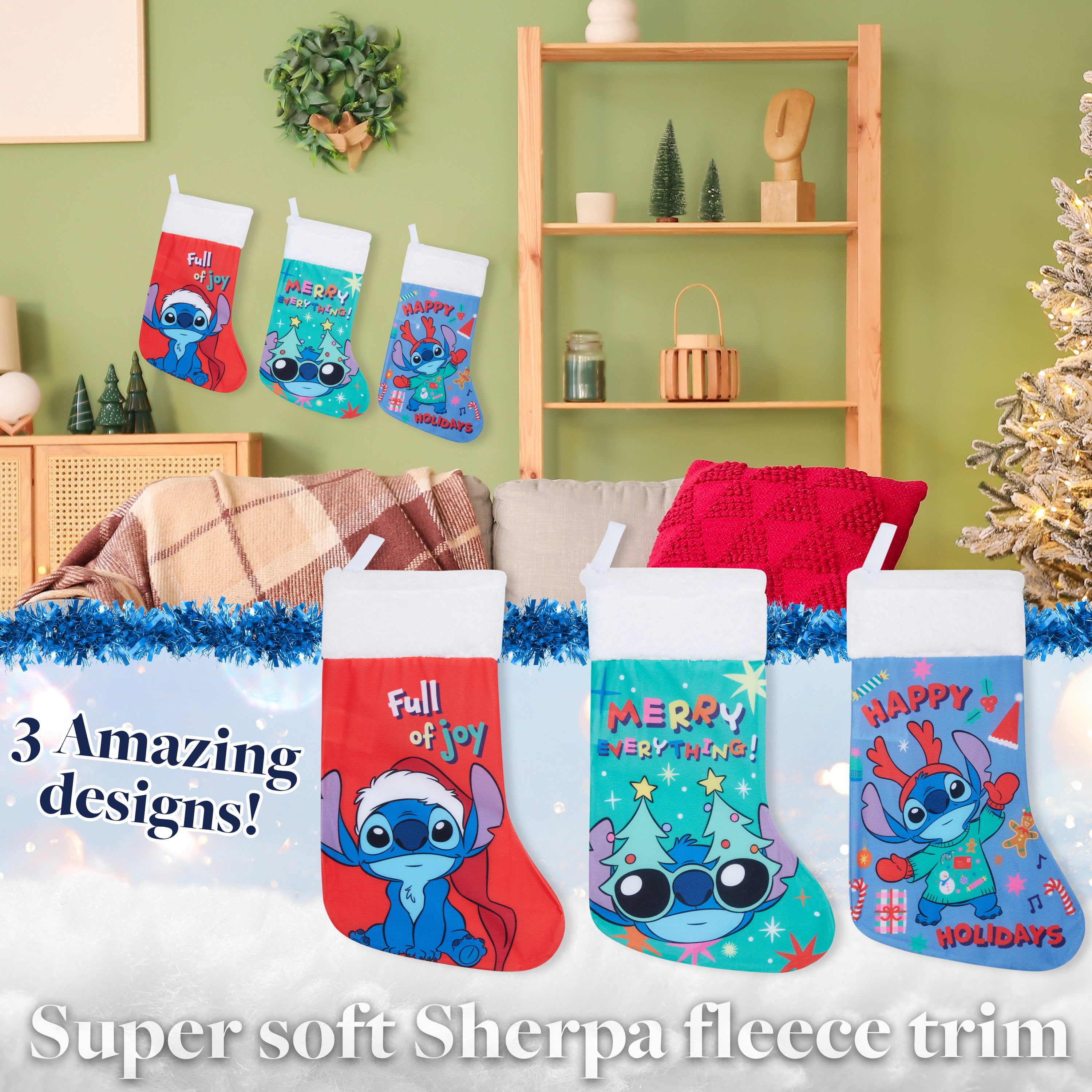 Disney Stitch Christmas Stockings for Kids Teens Adults Set of 3, Cute Festive Hanging Festive Decor Xmas Stockings - Get Trend