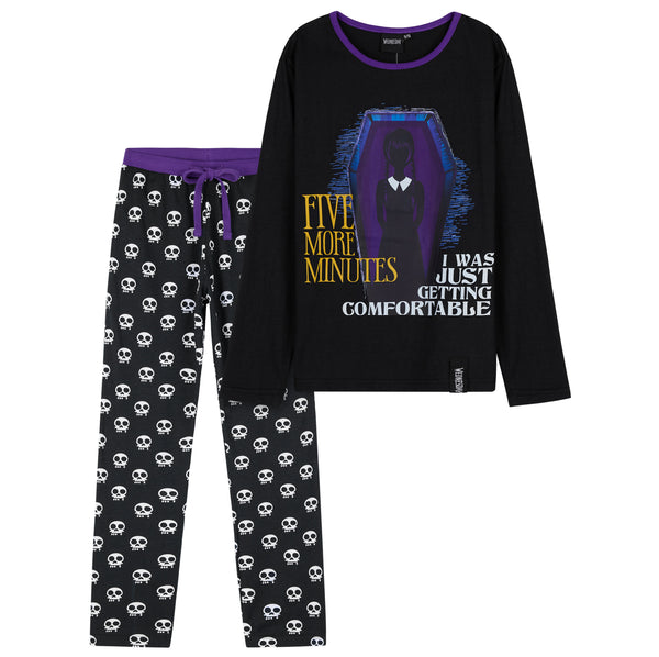 Wednesday Girls Pyjamas - Long Sleeve & Bottoms PJs - Black/Skull - Get Trend