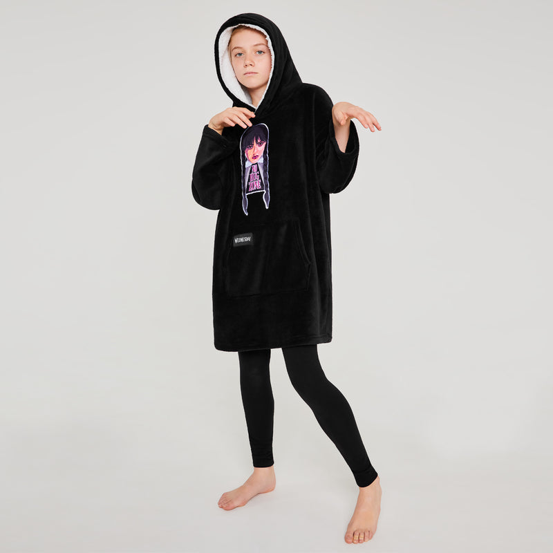 Wednesday Fleece Hoodie Blanket for Girls - Black - Get Trend