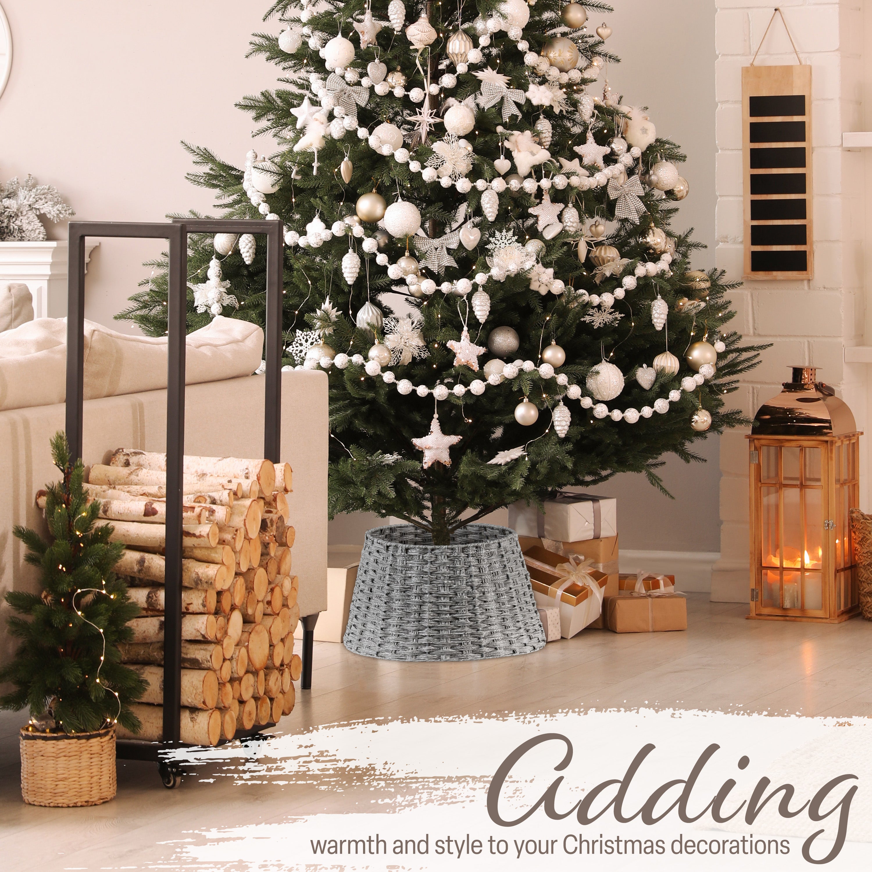DECO EXPRESS Christmas Tree Skirt Woven Tree Cover Stand Festive Cover Decoration - Range of Sizes (Grey - Top Inner 27.2cm/Base Inner 50cm) - Get Trend