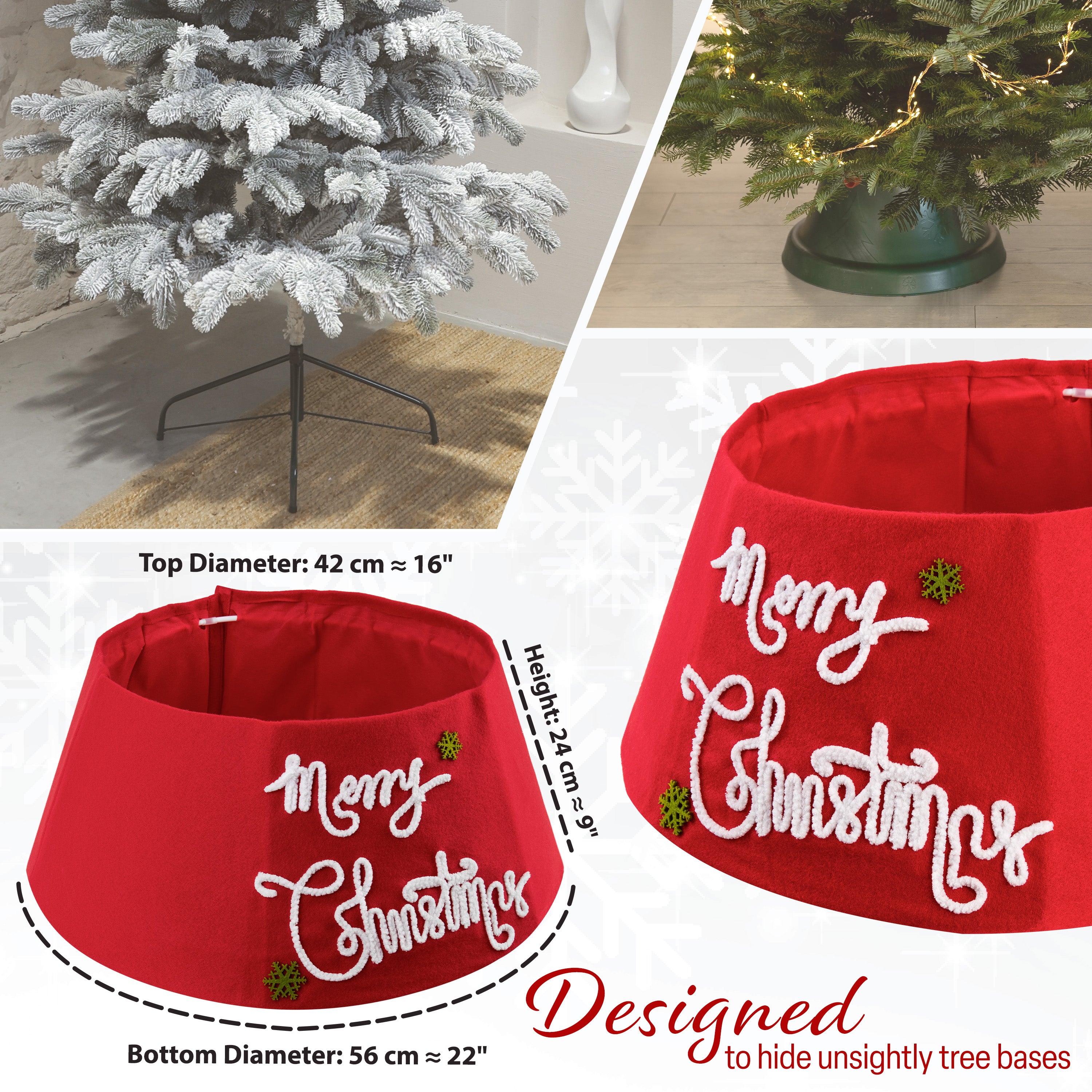 DECO EXPRESS Christmas Tree Skirt - Funny Christmas Santa Tree Cover - Festive Cover Decoration - (Red Merry - Top 42cm/Base 56cm) - Get Trend