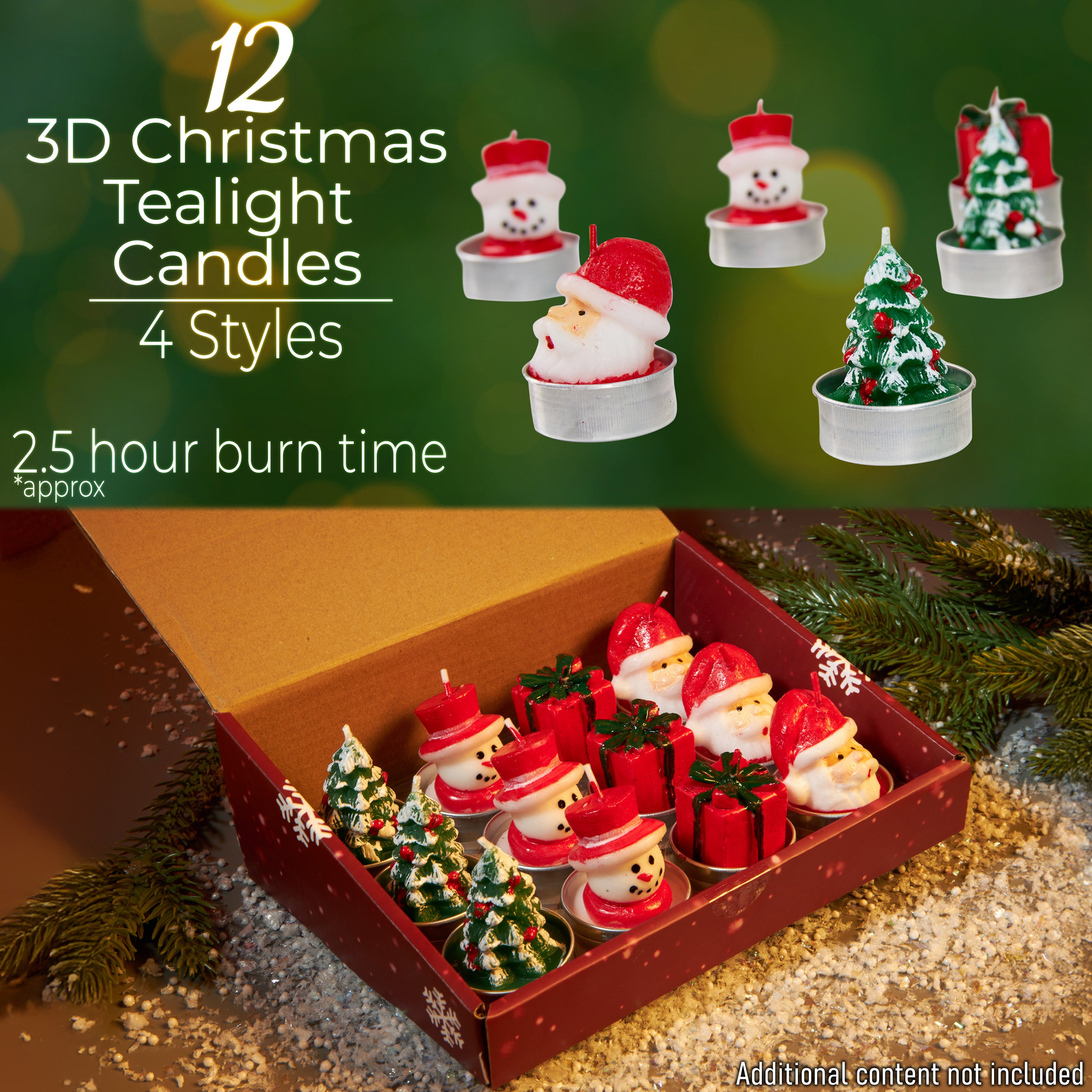 DECO EXPRESS Christmas Tealight Candle Set, Multipack of 12 with 2.5 Hours Burning Time Festive Xmas Decor Unscented (Multi 3D 12 Pack) - Get Trend