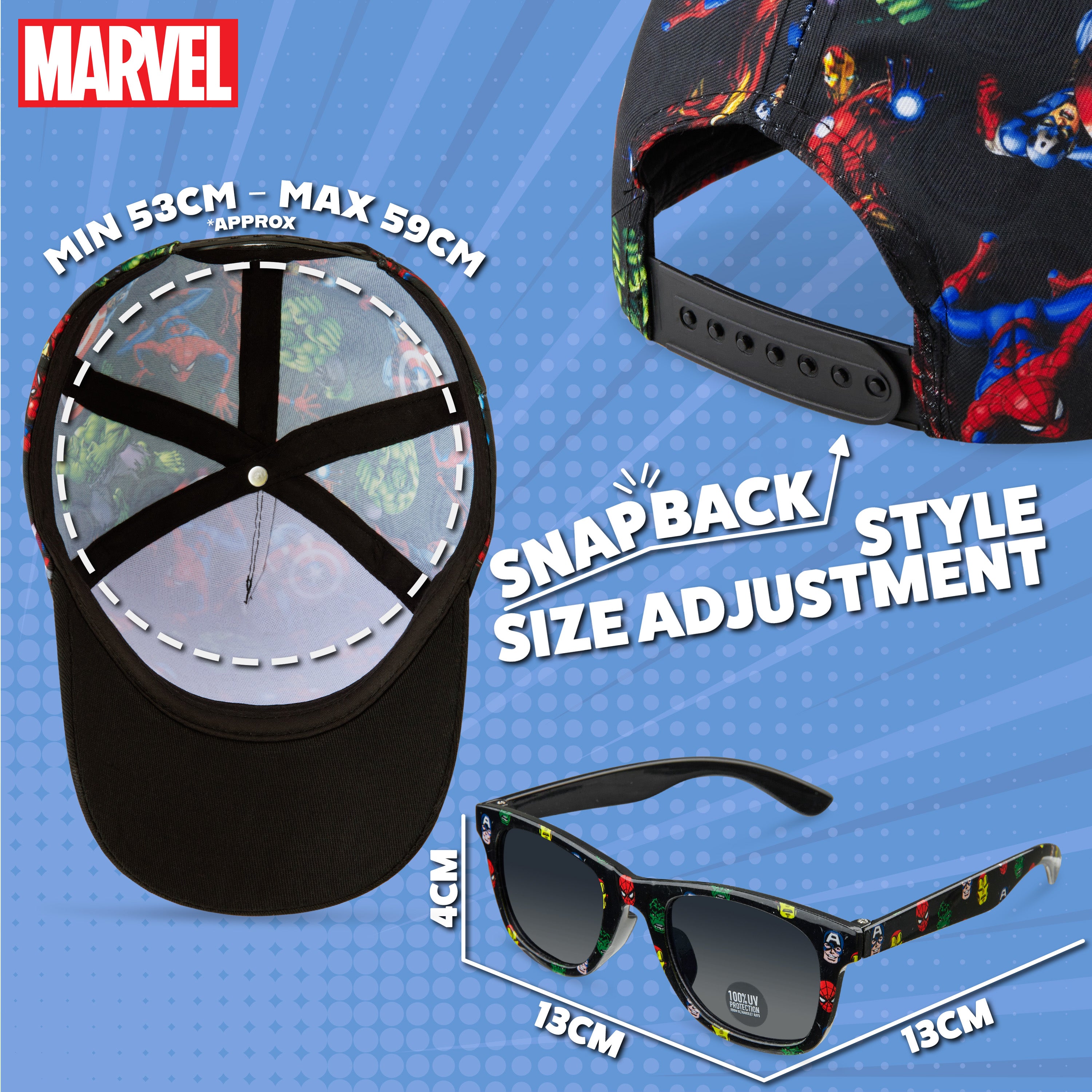 Marvel Baseball Cap and Kids Sunglasses -Boys 100% UV Protection Breathable Hat - Get Trend