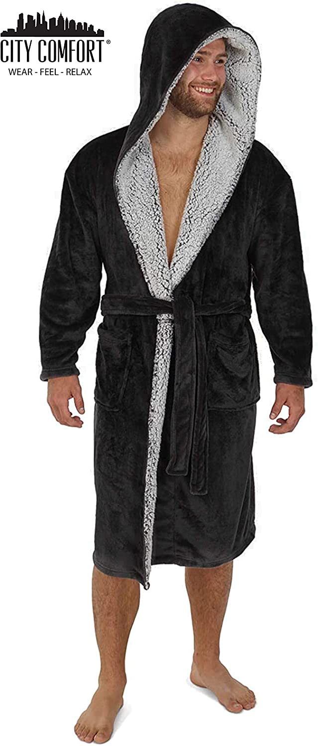 CityComfort Dressing Gowns,Super Soft Hooded,Men's Warm and Cozy Fleece Robe - Get Trend