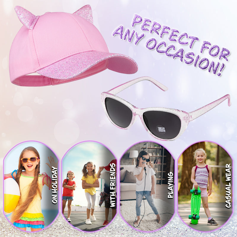 CityComfort Baseball Cap and Kids Sunglasses Set for Girls - Glitter Sun Hat and UV Protection Girls Sunglasses - Get Trend