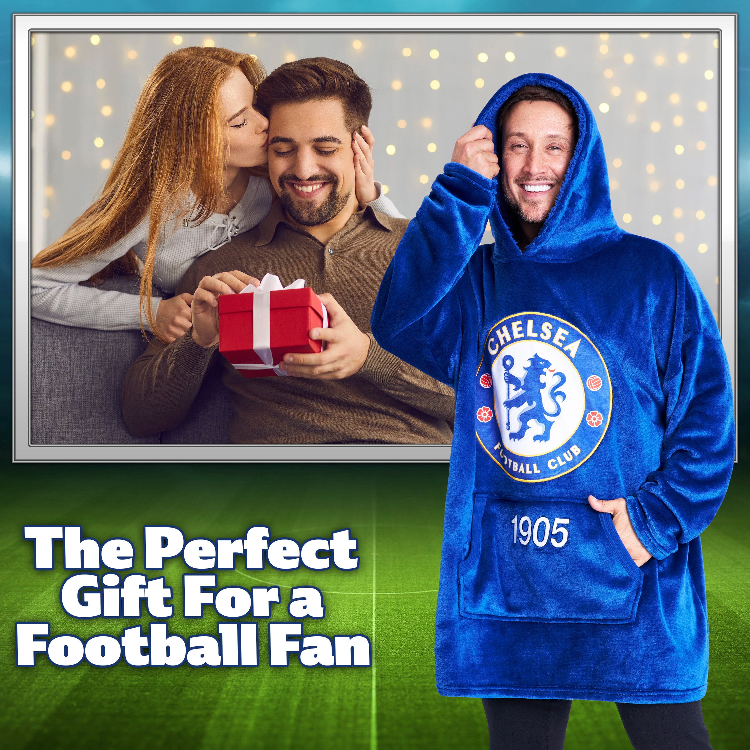 Chelsea FC Oversized Hoodie Blanket for Men, Football Gifts for Men (Blue) - Get Trend
