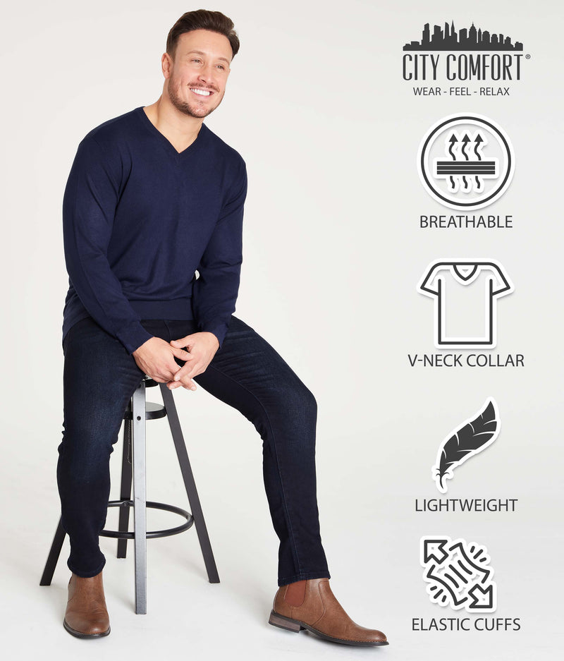 CityComfort Mens Jumper, NAVY V-Neck Pullover Winter Sweater - Get Trend