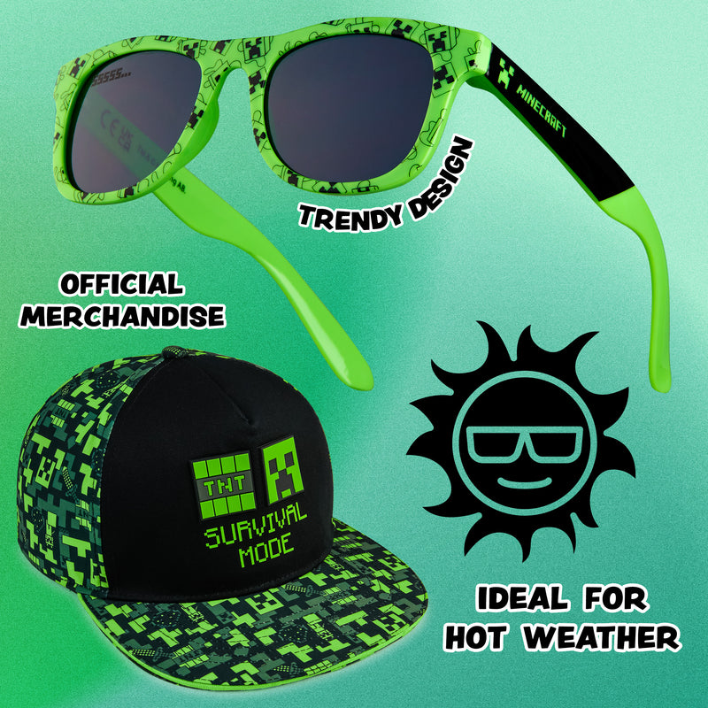 Minecraft Baseball Cap and Kids Sunglasses Set, Gamer Gifts (Black/Green) - Get Trend
